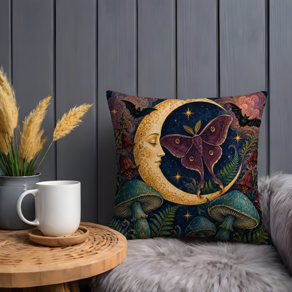 Moon Face Moth Pillow Cover | Textured Celestial Fantasy Art