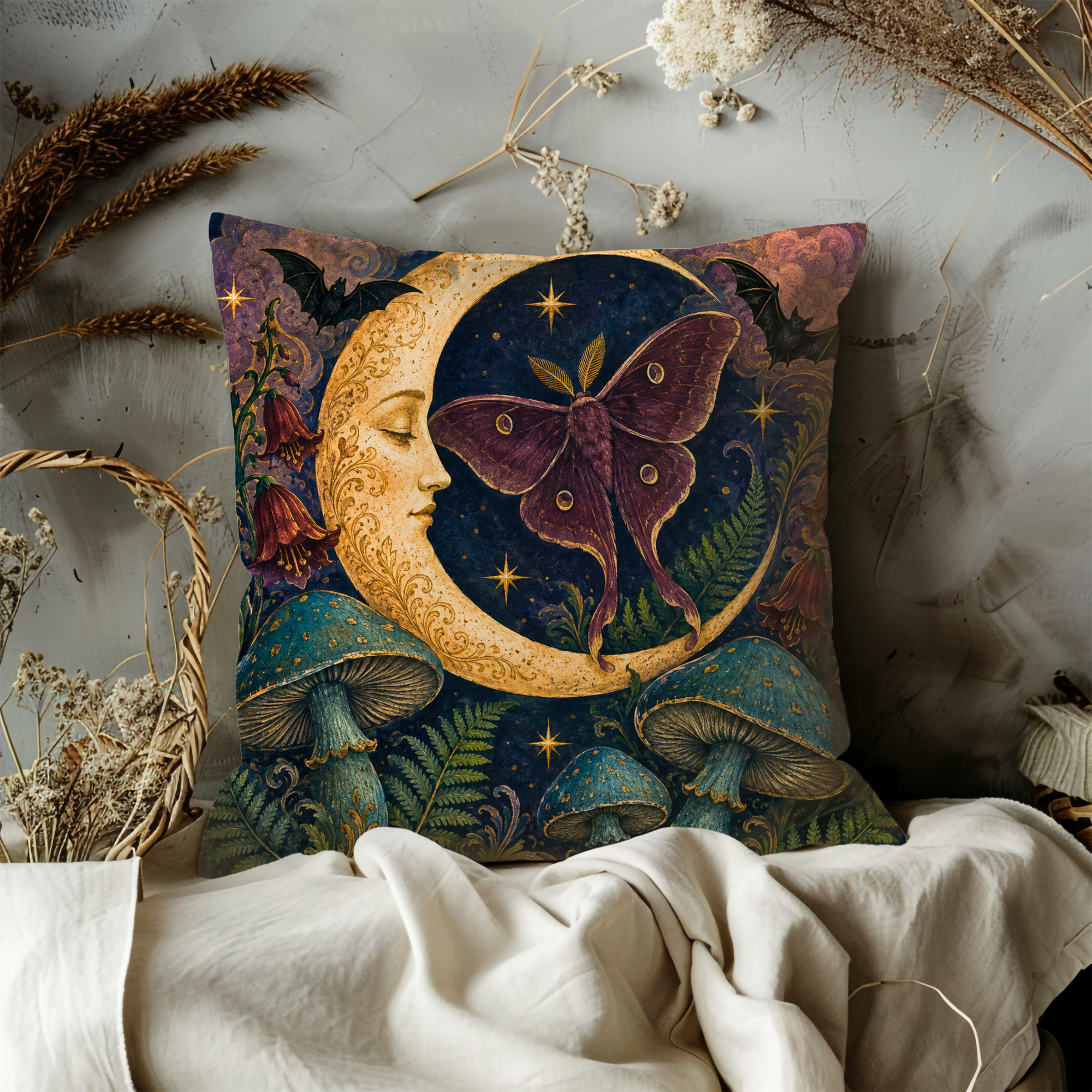 Moon Face Moth Pillow Cover | Textured Celestial Fantasy Art
