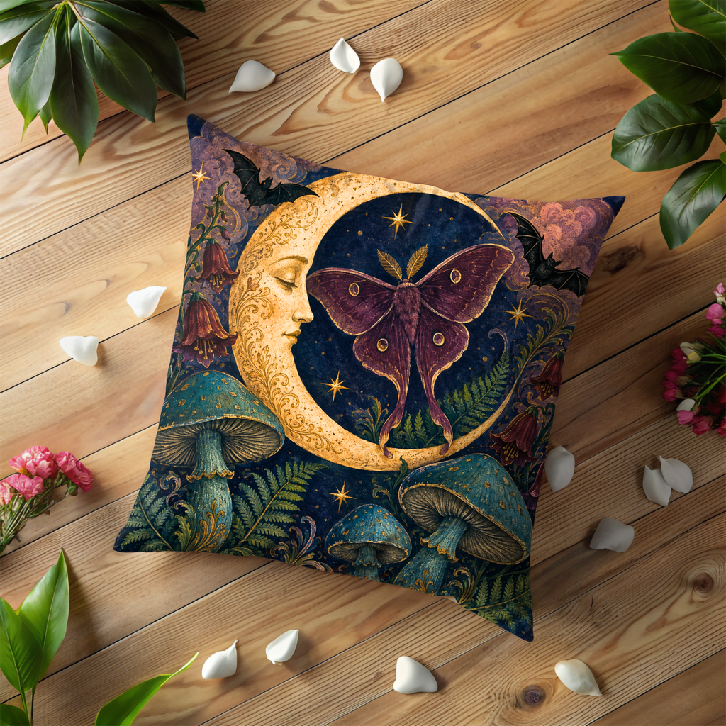 Moon Face Moth Pillow Cover | Textured Celestial Fantasy Art