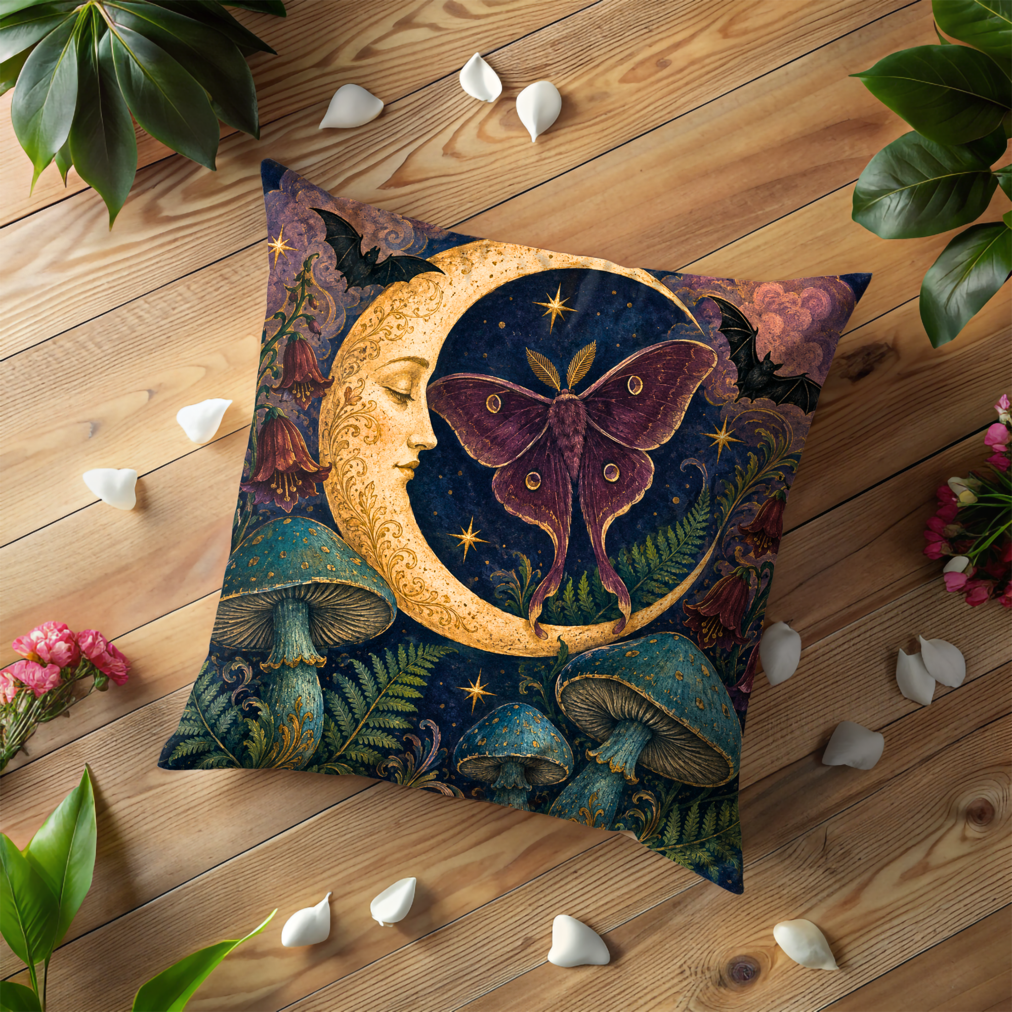 Moon Face Moth Pillow Cover | Textured Celestial Fantasy Art
