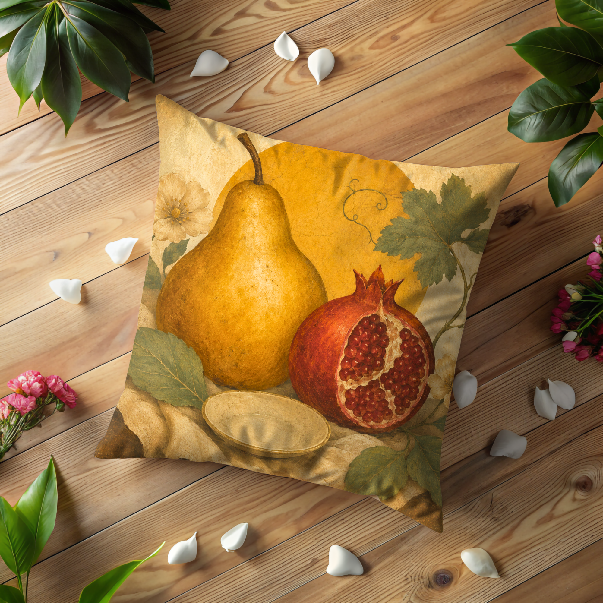 Pear and Pomegranate Pillow Cover | Textured Botanical Still Life Art