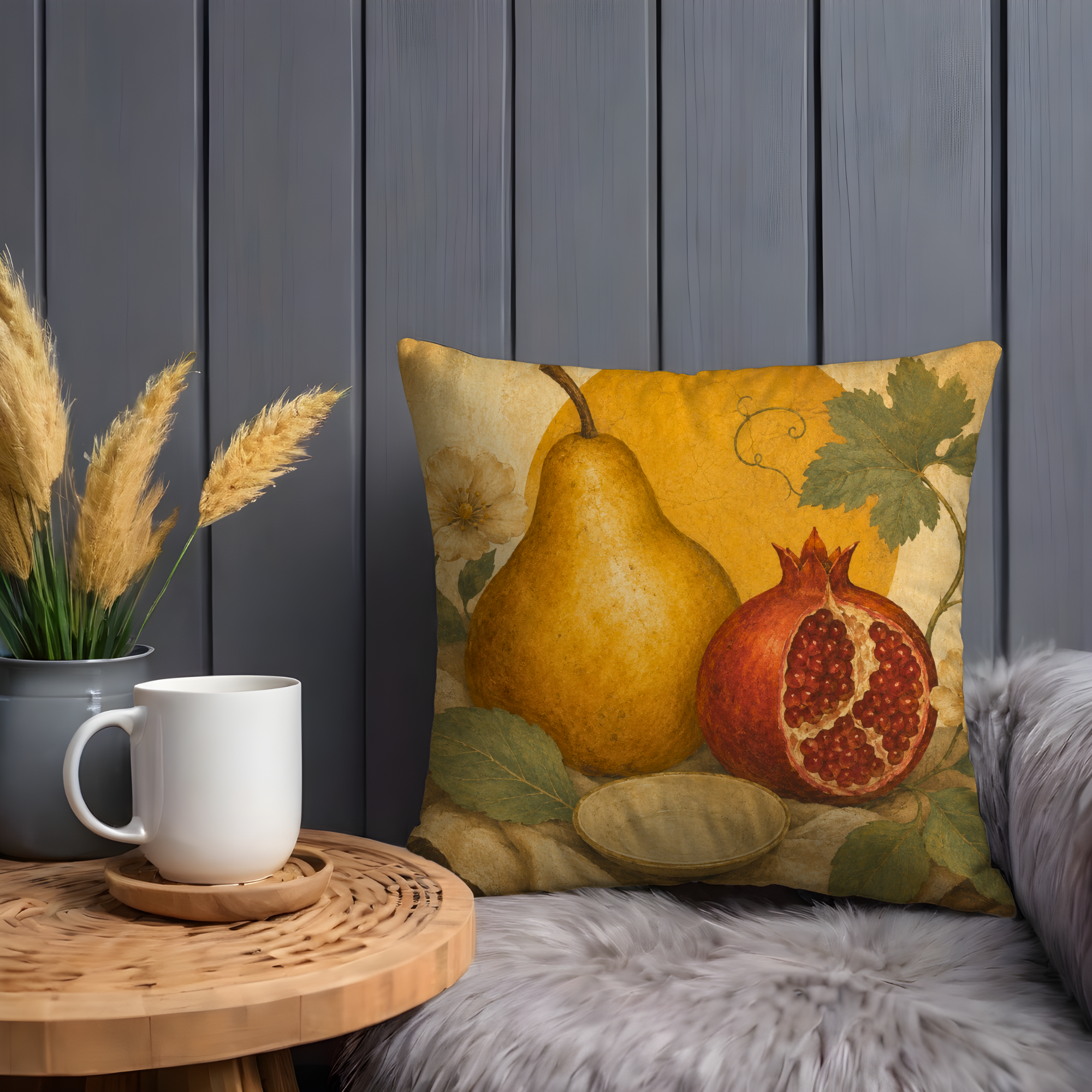 Pear and Pomegranate Pillow Cover | Textured Botanical Still Life Art