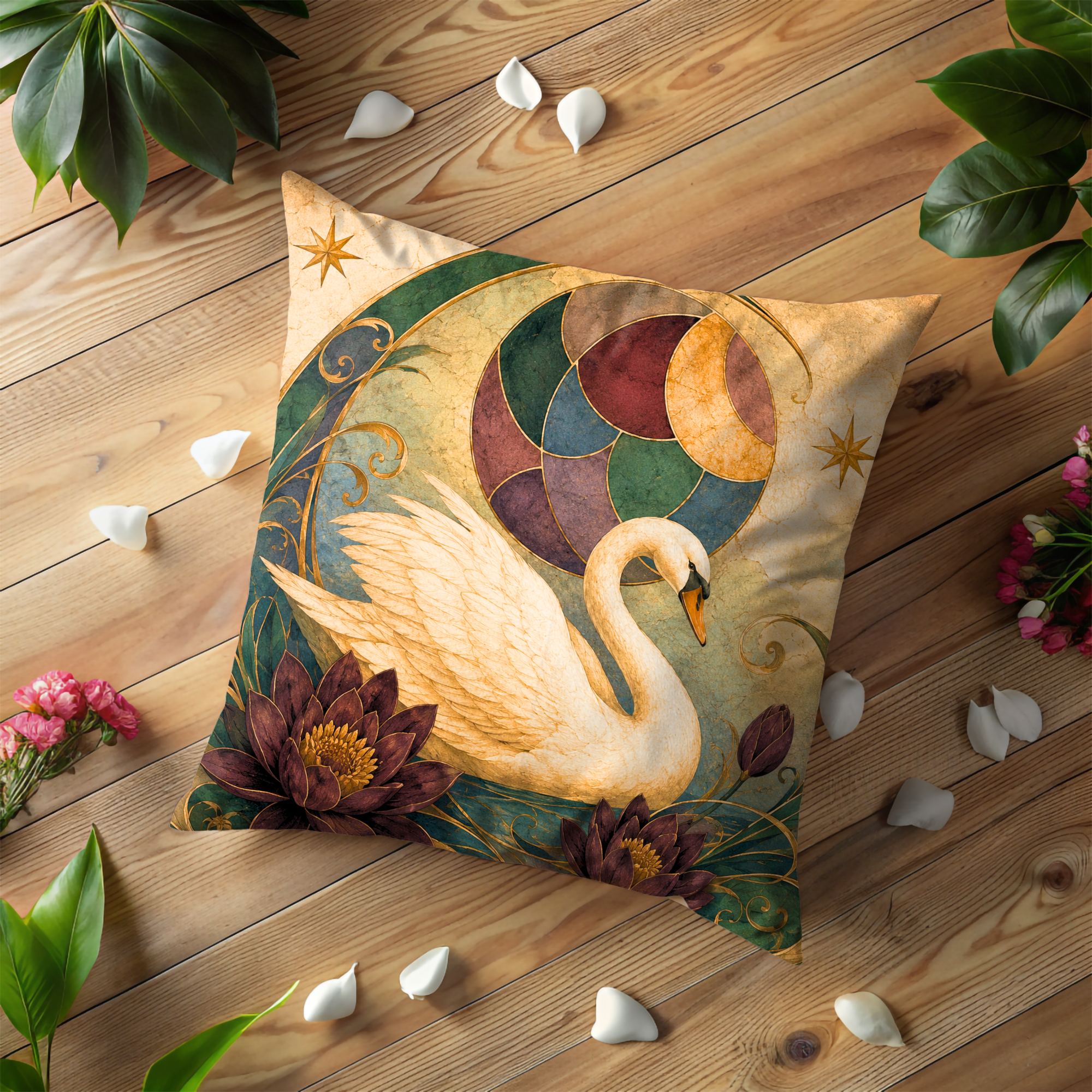 White Swan Floral Pillow Cover | Textured Celestial Art