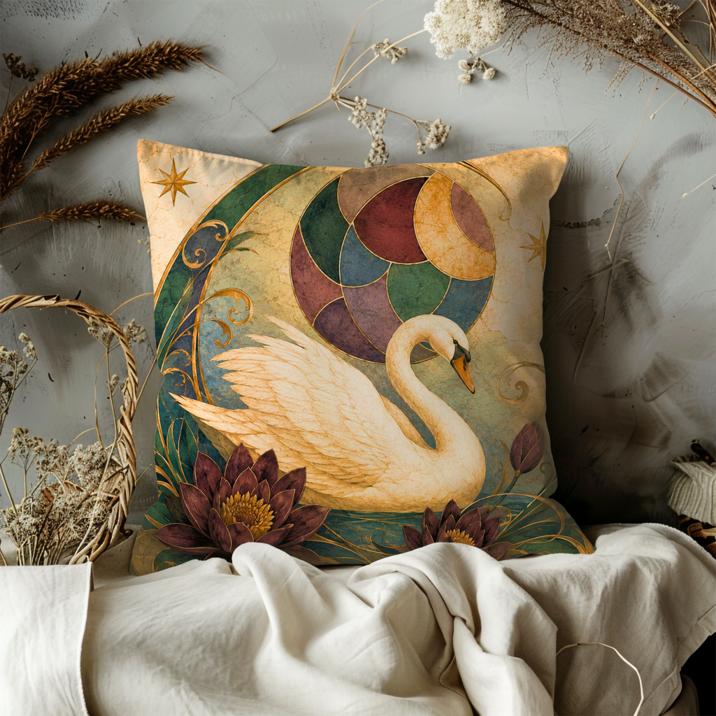 White Swan Floral Pillow Cover | Textured Celestial Art