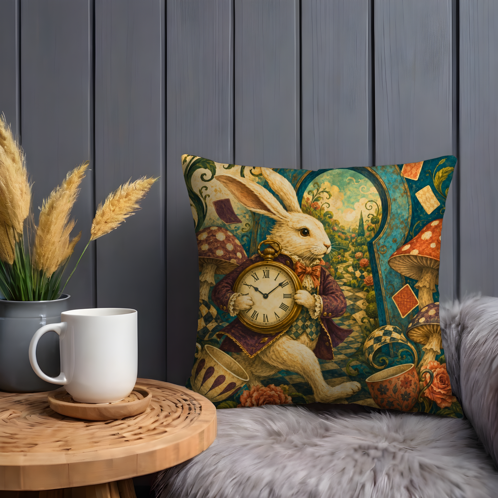 White Rabbit Clock Pillow Cover | Whimsical Fantasy Art