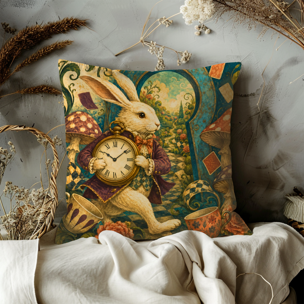 White Rabbit Clock Pillow Cover | Whimsical Fantasy Art