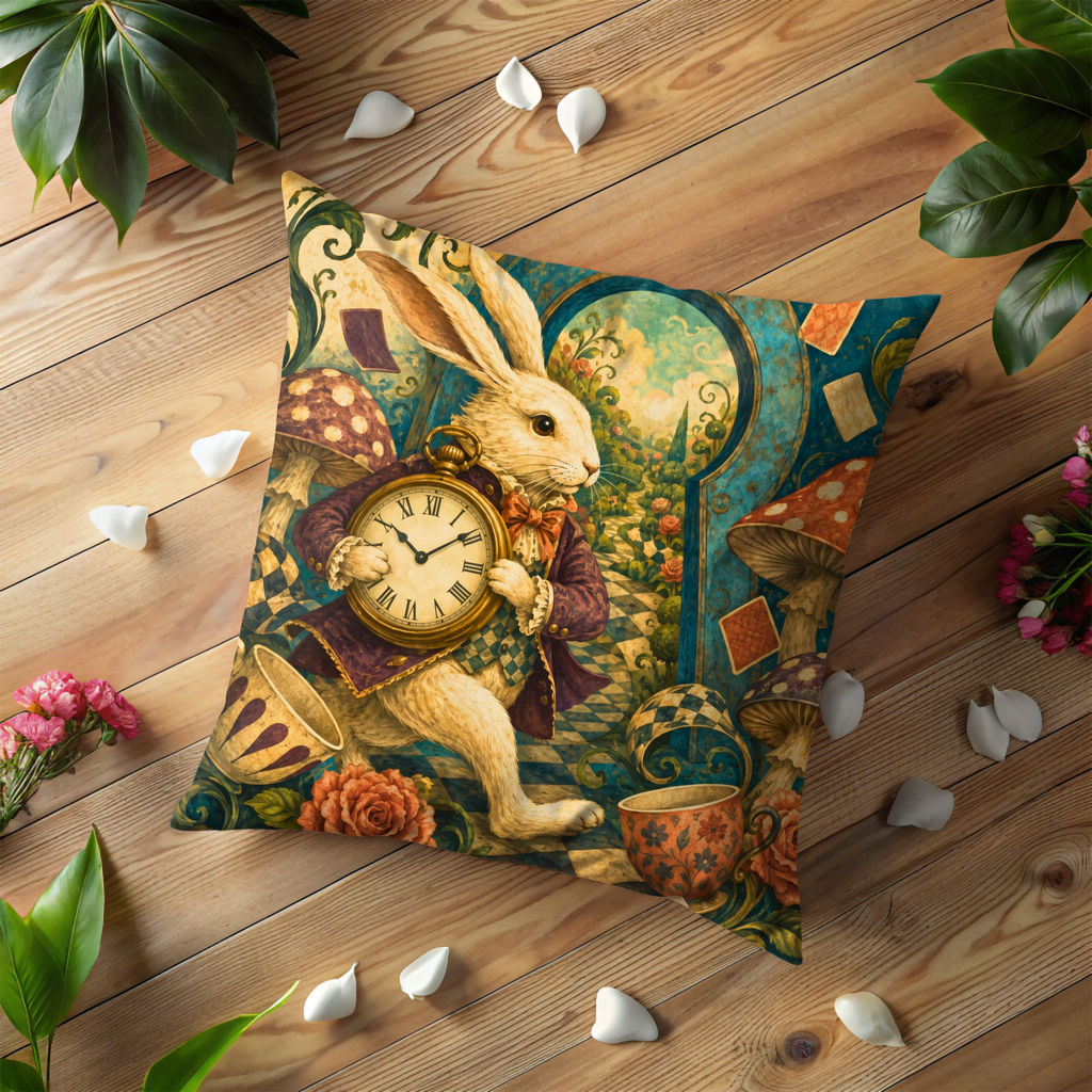 White Rabbit Clock Pillow Cover | Whimsical Fantasy Art