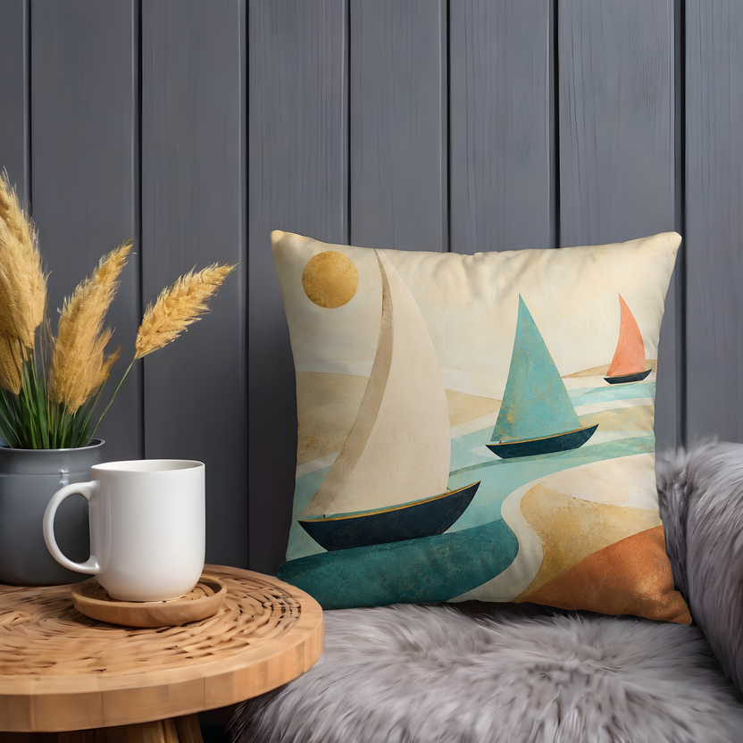 Abstract Sailboats Sunset Pillow Cover | Minimalist Coastal Art | Serene Nautical Decor