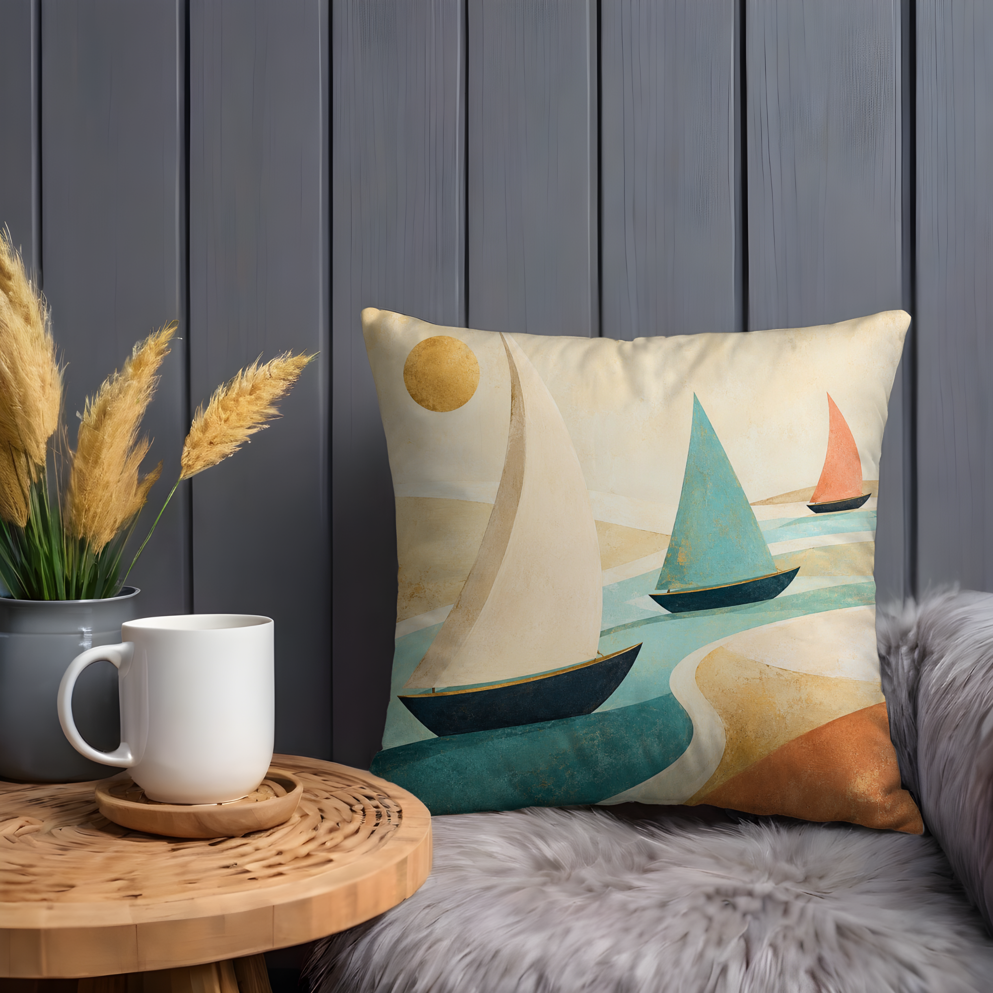 Abstract Sailboats Sunset Pillow Cover | Minimalist Coastal Art | Serene Nautical Decor