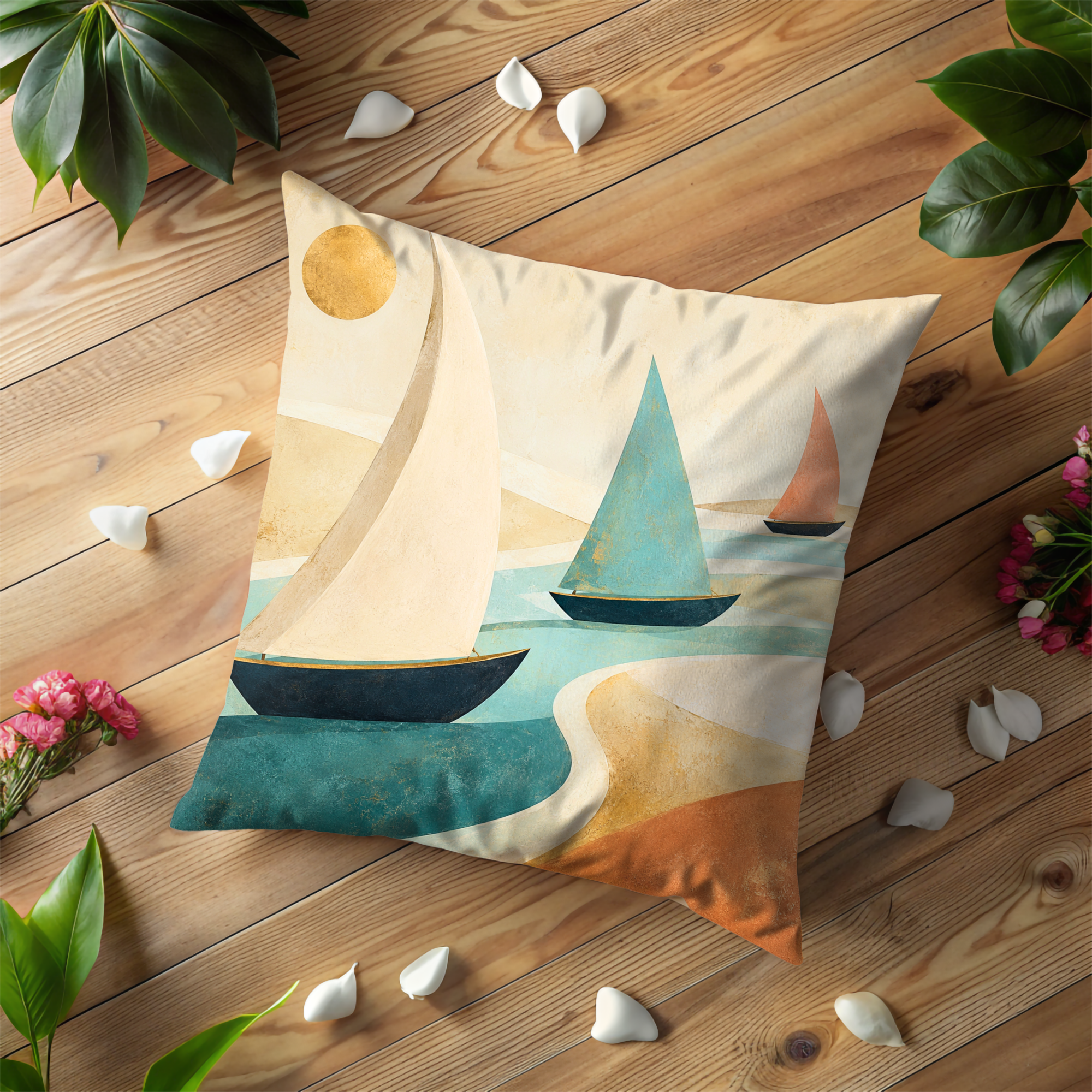 Abstract Sailboats Sunset Pillow Cover | Minimalist Coastal Art | Serene Nautical Decor