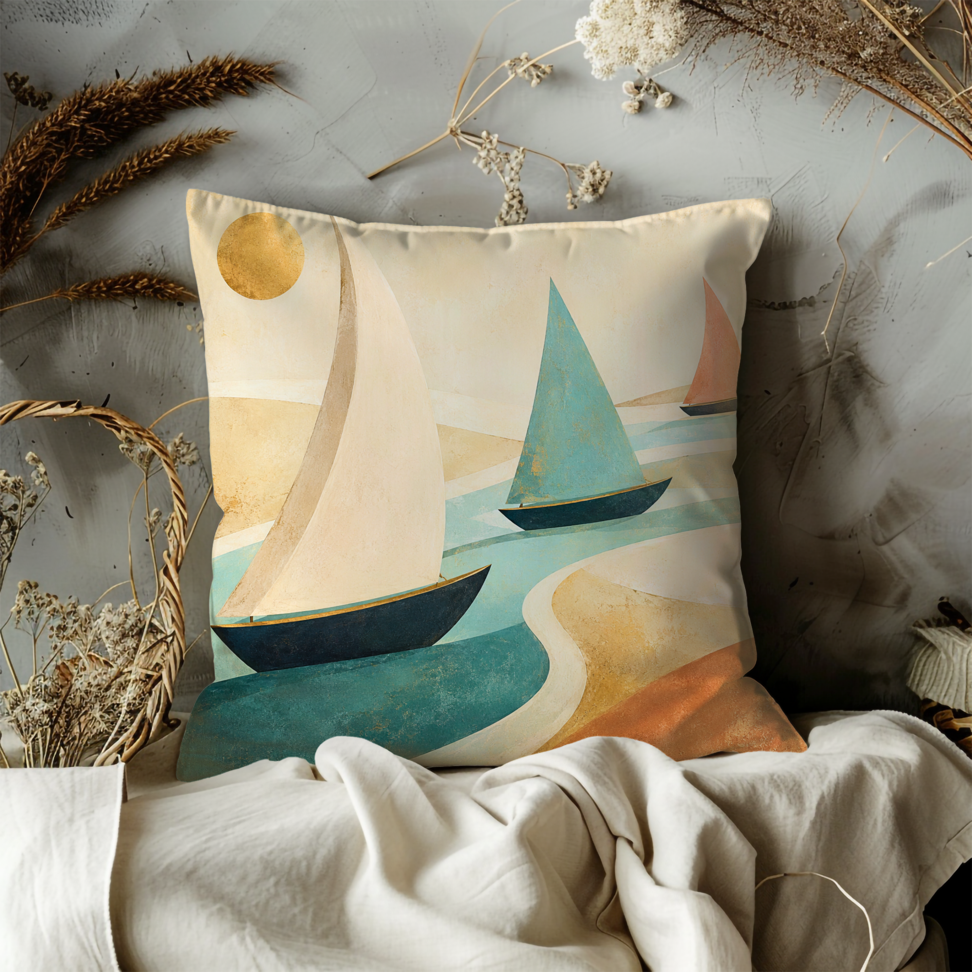 Abstract Sailboats Sunset Pillow Cover | Minimalist Coastal Art | Serene Nautical Decor