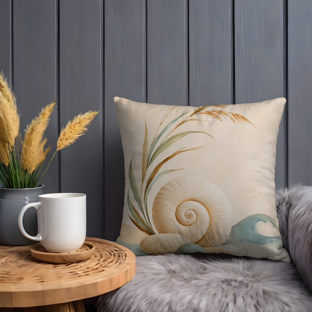 Seashell Beach Grass Pillow Cover | Minimalist Coastal Art | Soft Neutral Decor