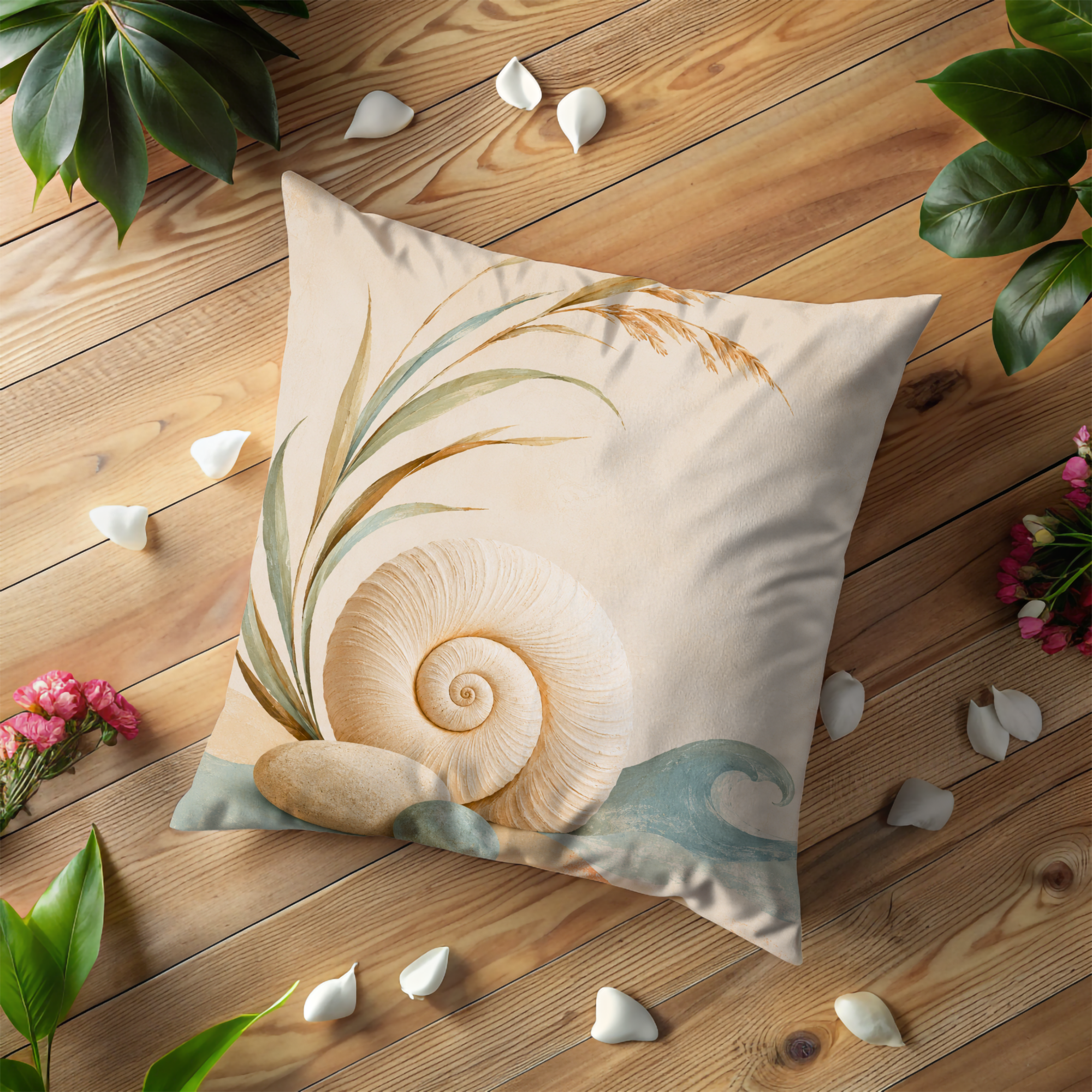 Seashell Beach Grass Pillow Cover | Minimalist Coastal Art | Soft Neutral Decor