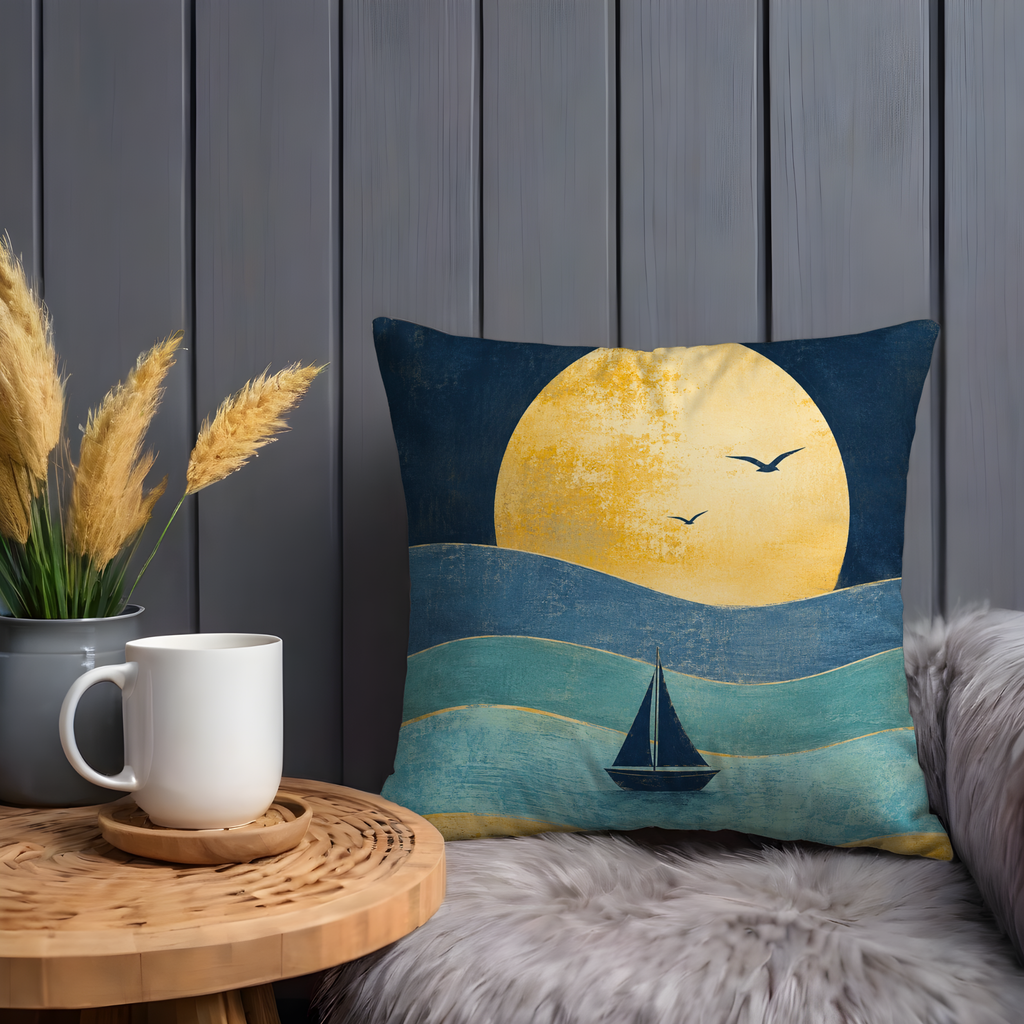 Sailboat Golden Sun Pillow Cover | Minimalist Coastal Art | Serene Nautical Decor