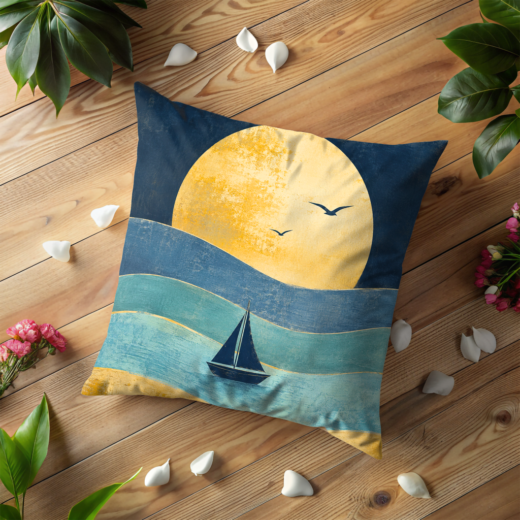 Sailboat Golden Sun Pillow Cover | Minimalist Coastal Art | Serene Nautical Decor