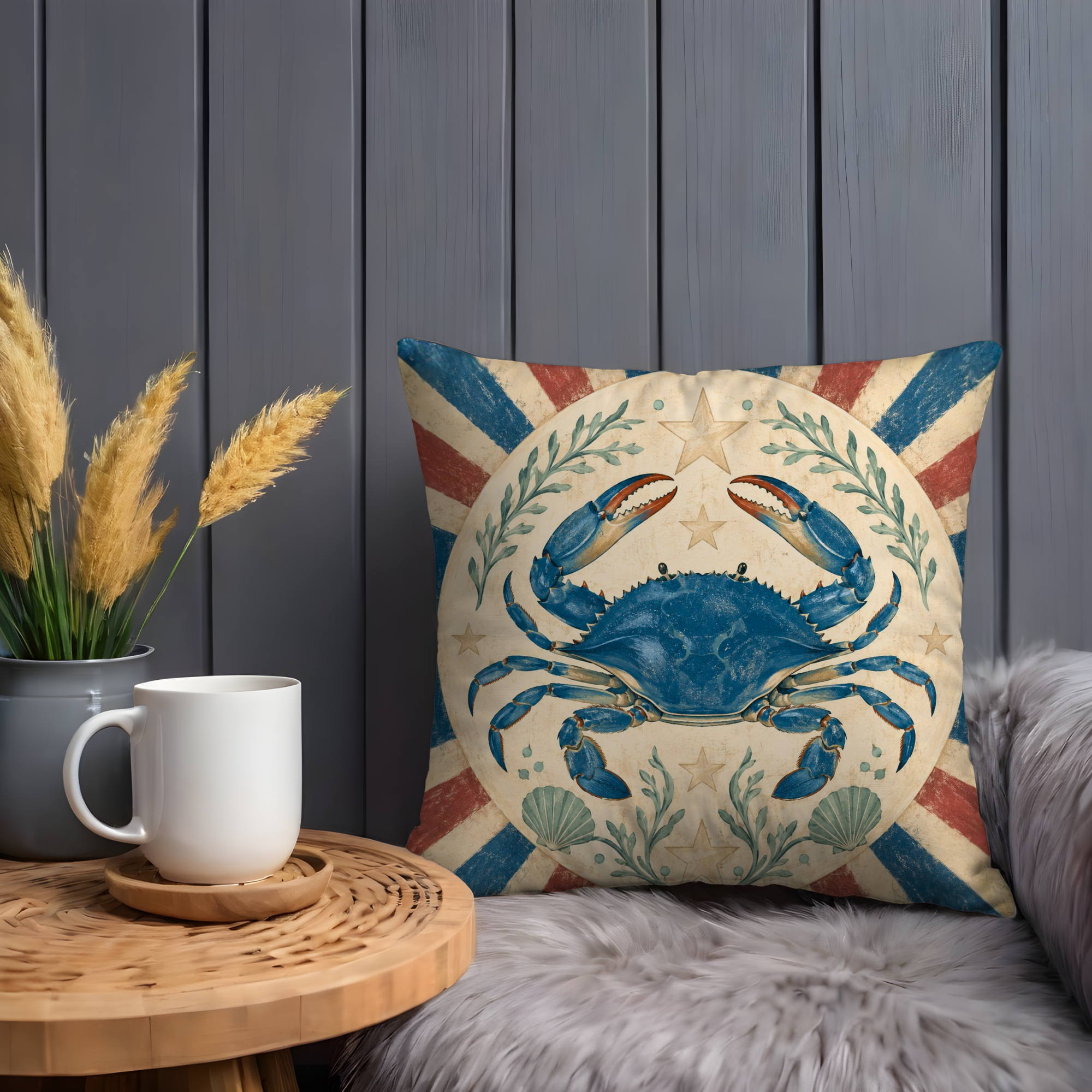 Blue Crab Nautical Emblem Pillow Cover | Vintage Coastal Art | Americana Beach Decor