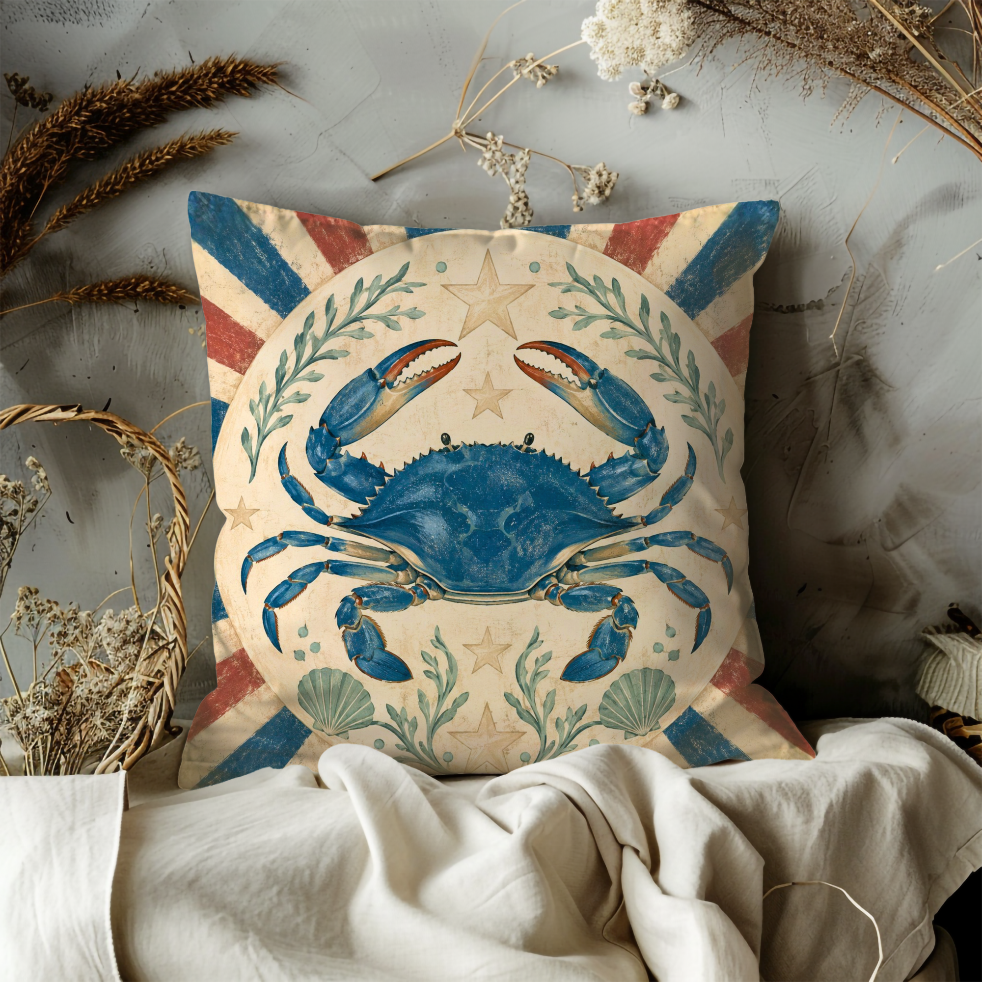 Blue Crab Nautical Emblem Pillow Cover | Vintage Coastal Art | Americana Beach Decor
