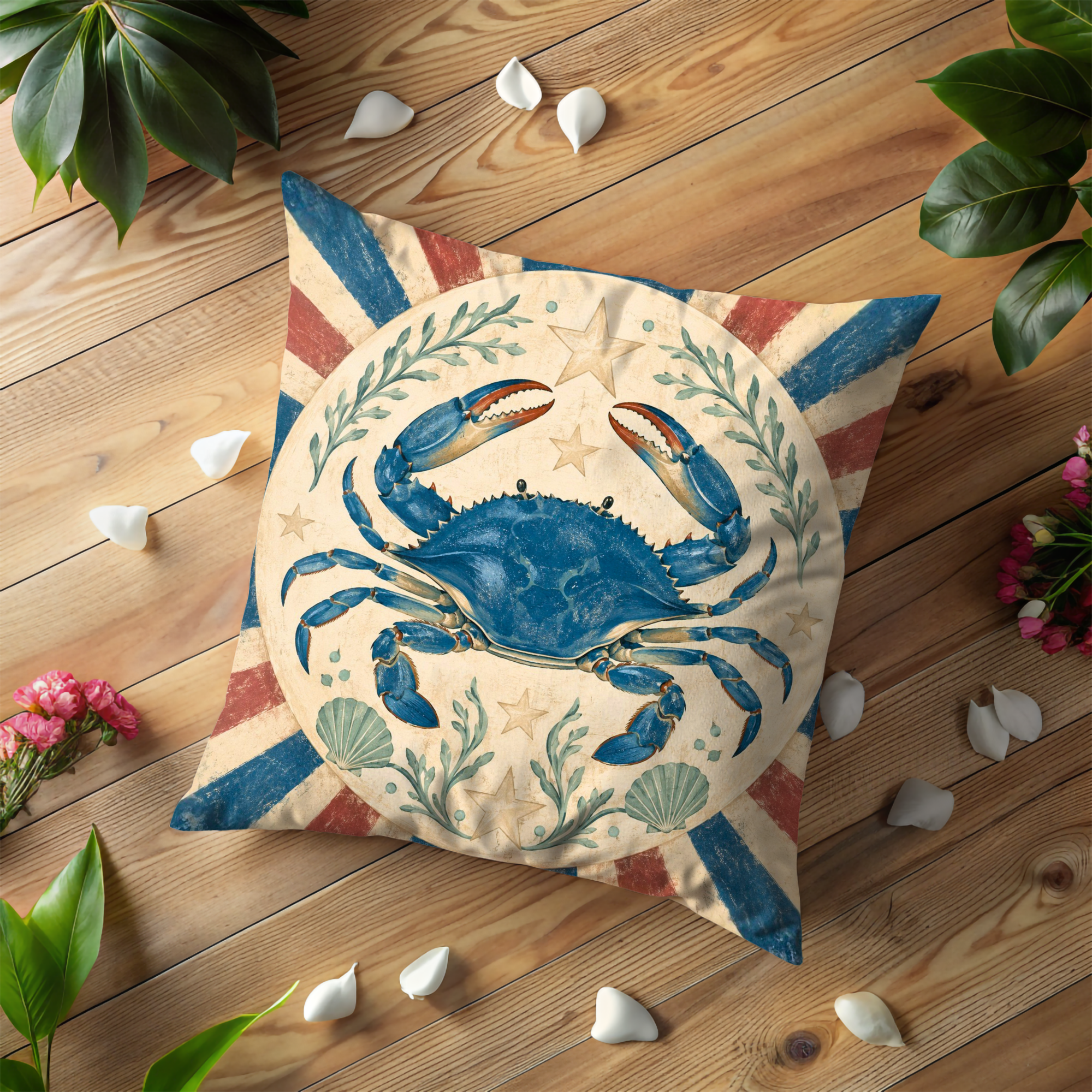 Blue Crab Nautical Emblem Pillow Cover | Vintage Coastal Art | Americana Beach Decor
