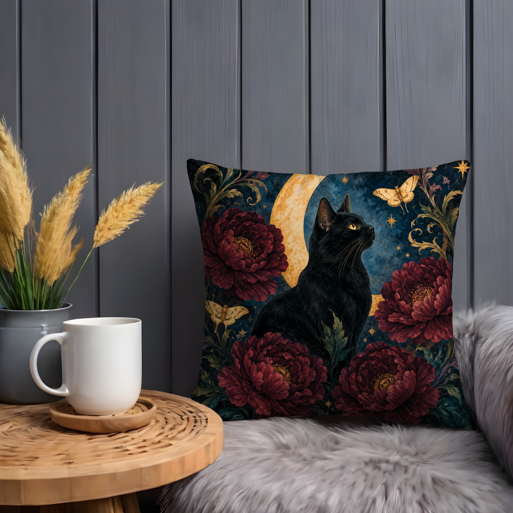 Black Cat Moon Peony Pillow Cover | Mystical Night Art | Elegant Gothic Decor