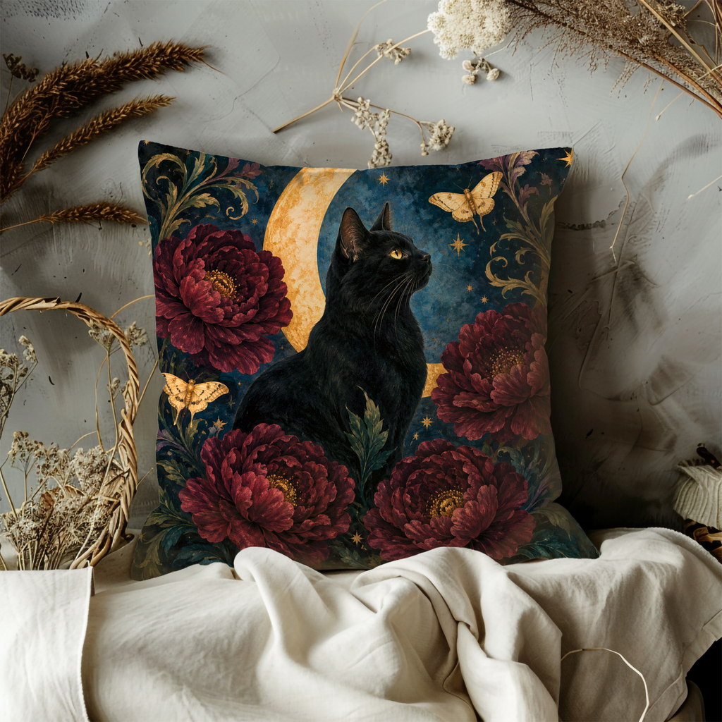 Black Cat Moon Peony Pillow Cover | Mystical Night Art | Elegant Gothic Decor