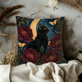 Black Cat Moon Peony Pillow Cover | Mystical Night Art | Elegant Gothic Decor