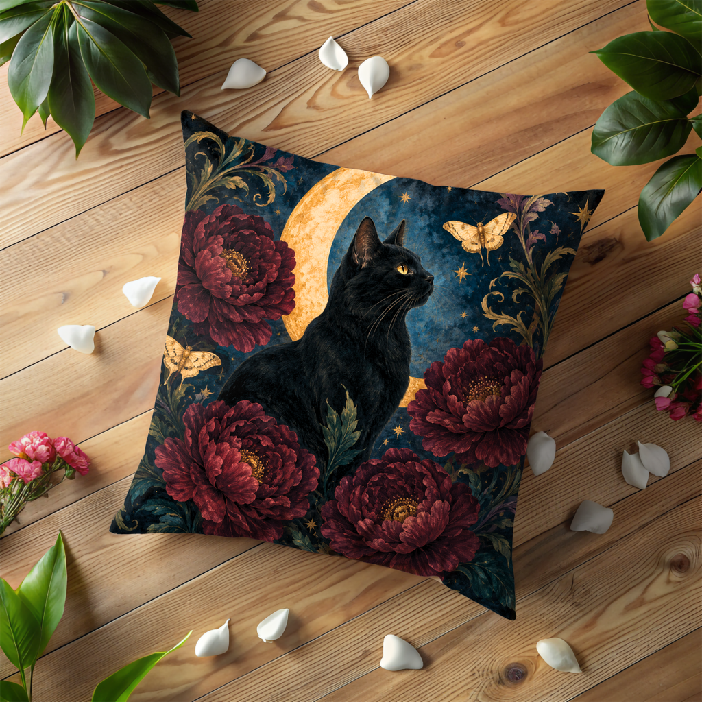 Black Cat Moon Peony Pillow Cover | Mystical Night Art | Elegant Gothic Decor