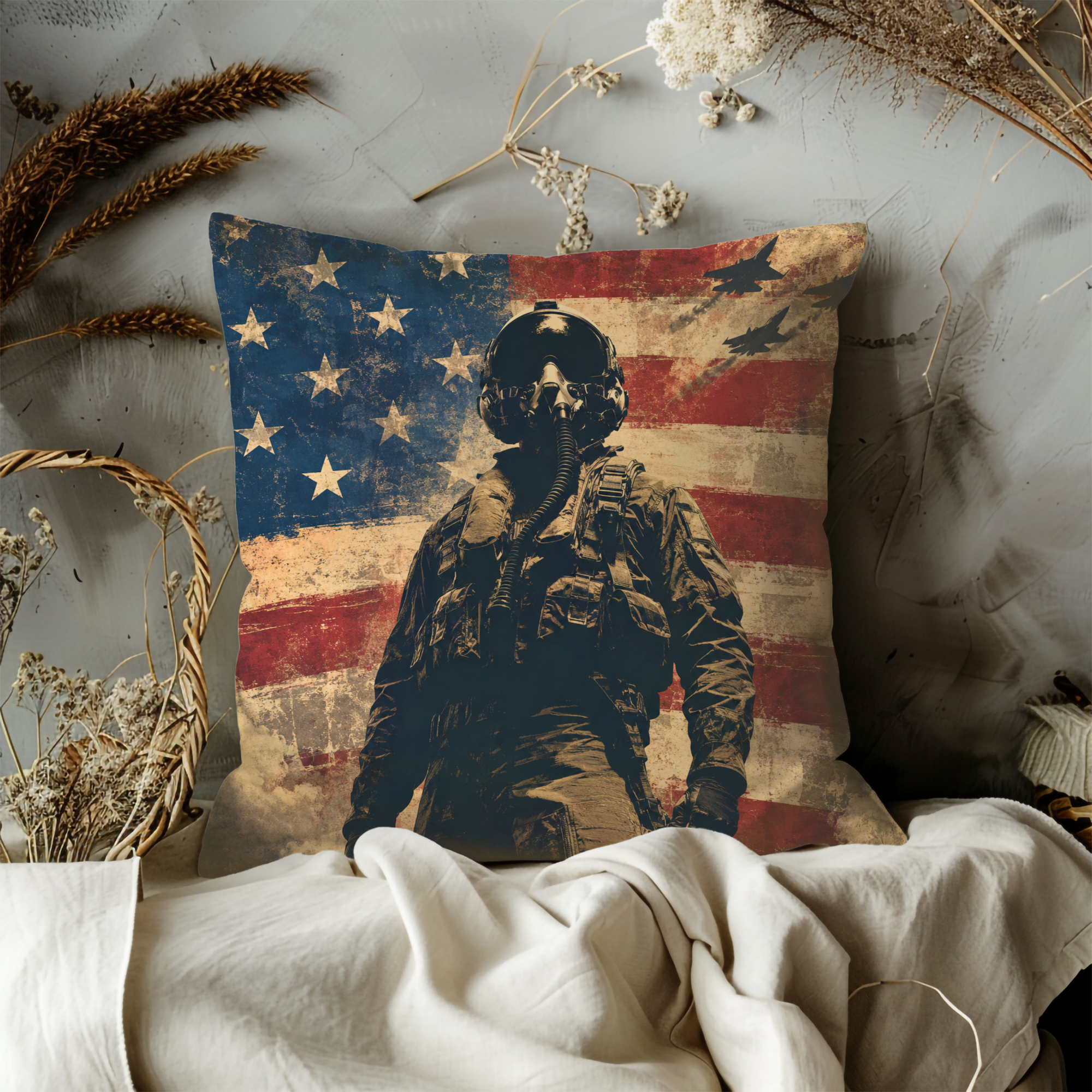 Fighter Pilot Flag Pillow Cover | Military Aviation Art | Patriotic Decor