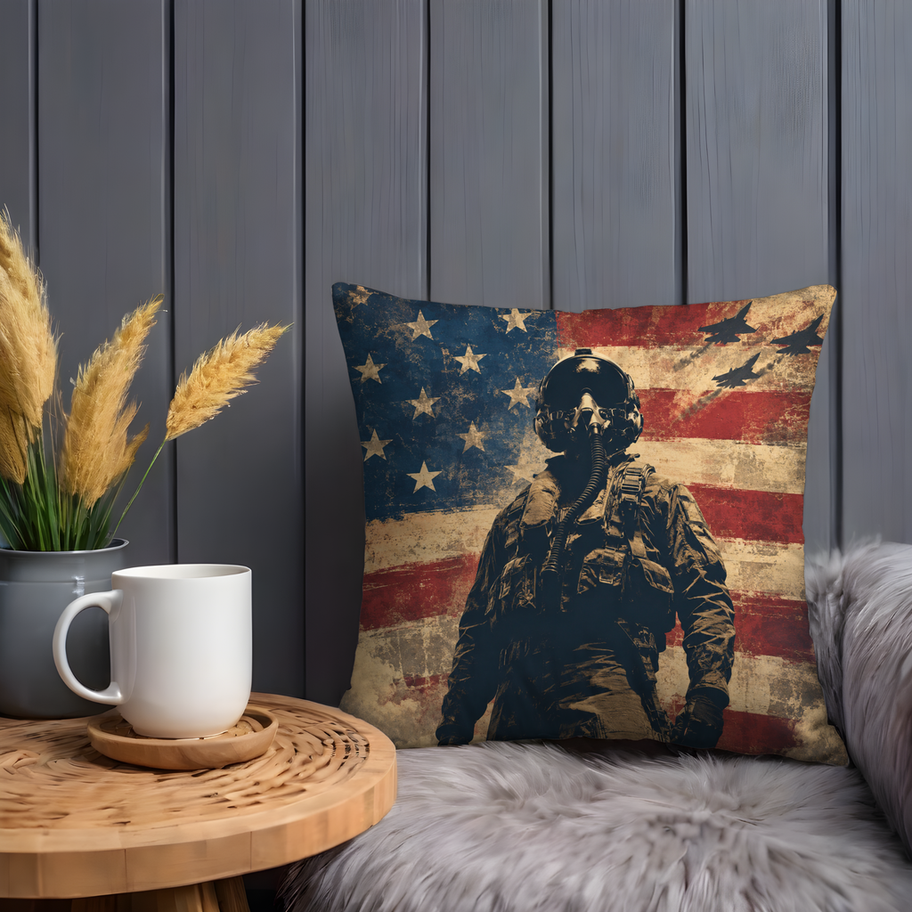 Fighter Pilot Flag Pillow Cover | Military Aviation Art | Patriotic Decor