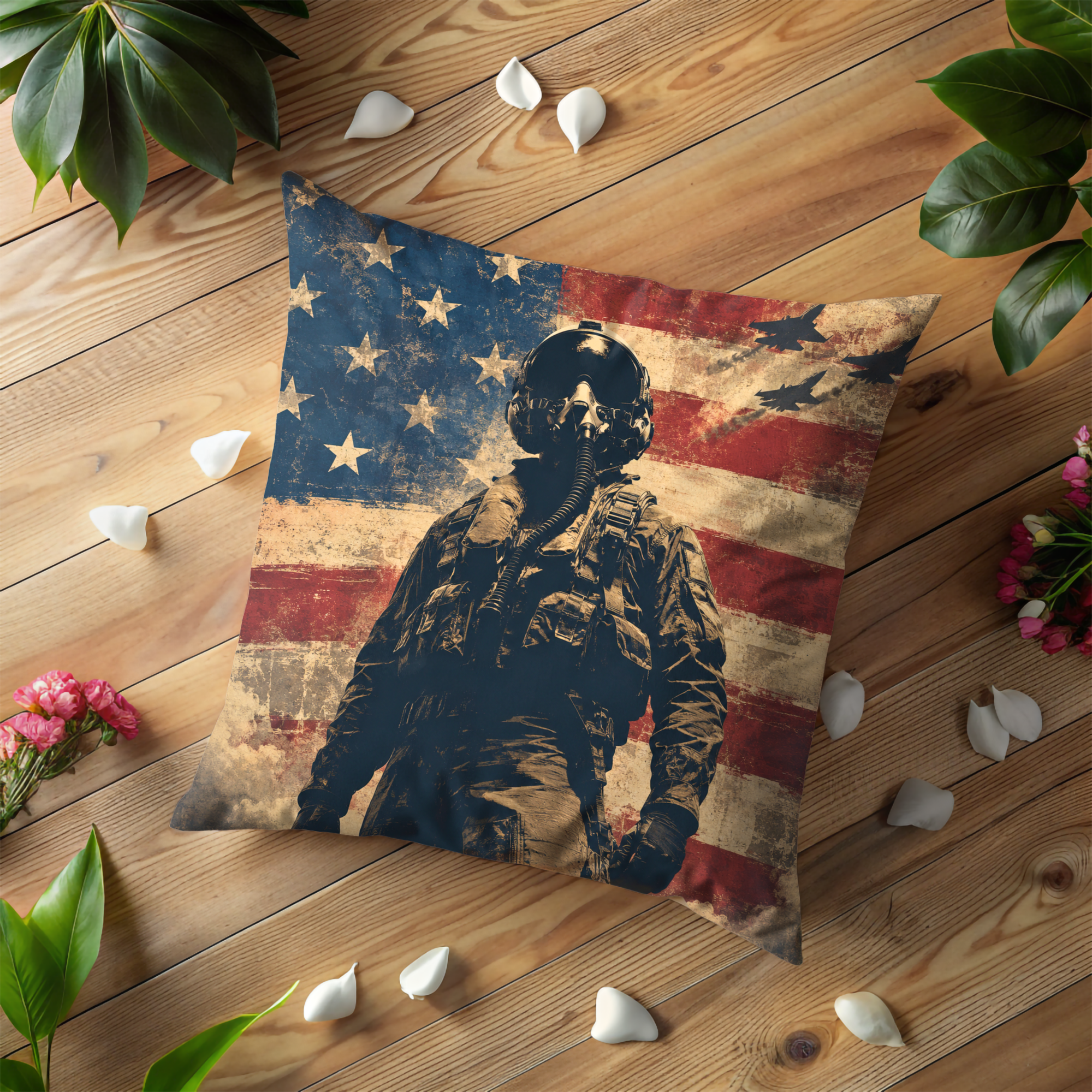 Fighter Pilot Flag Pillow Cover | Military Aviation Art | Patriotic Decor