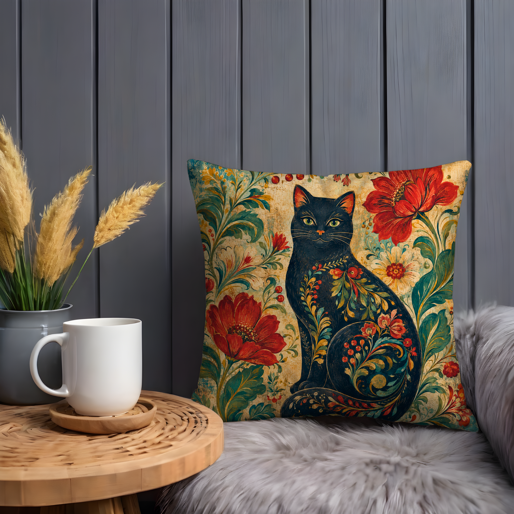Black Cat Folk Floral Pillow Cover | Traditional Folk Art | Cozy Mystical Decor