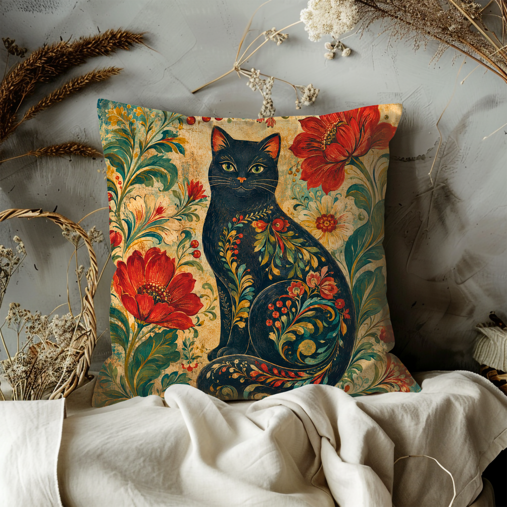 Black Cat Folk Floral Pillow Cover | Traditional Folk Art | Cozy Mystical Decor