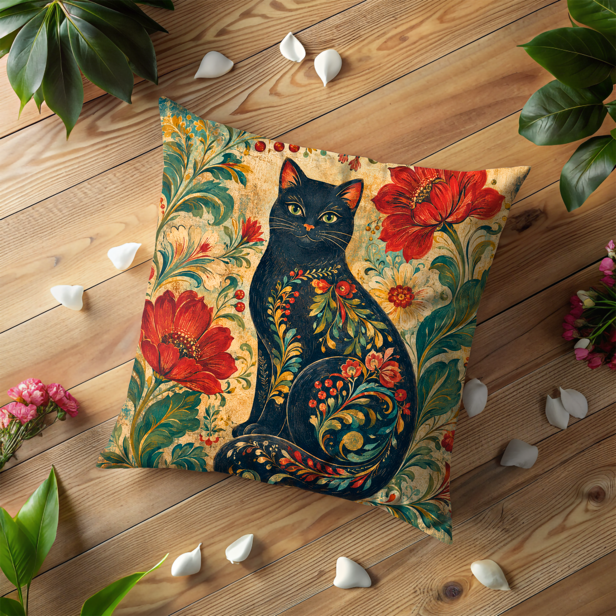 Black Cat Folk Floral Pillow Cover | Traditional Folk Art | Cozy Mystical Decor