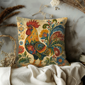 Folk Rooster Ornate Feathers Pillow Cover | Traditional Folk Art | Cozy Farmhouse Decor