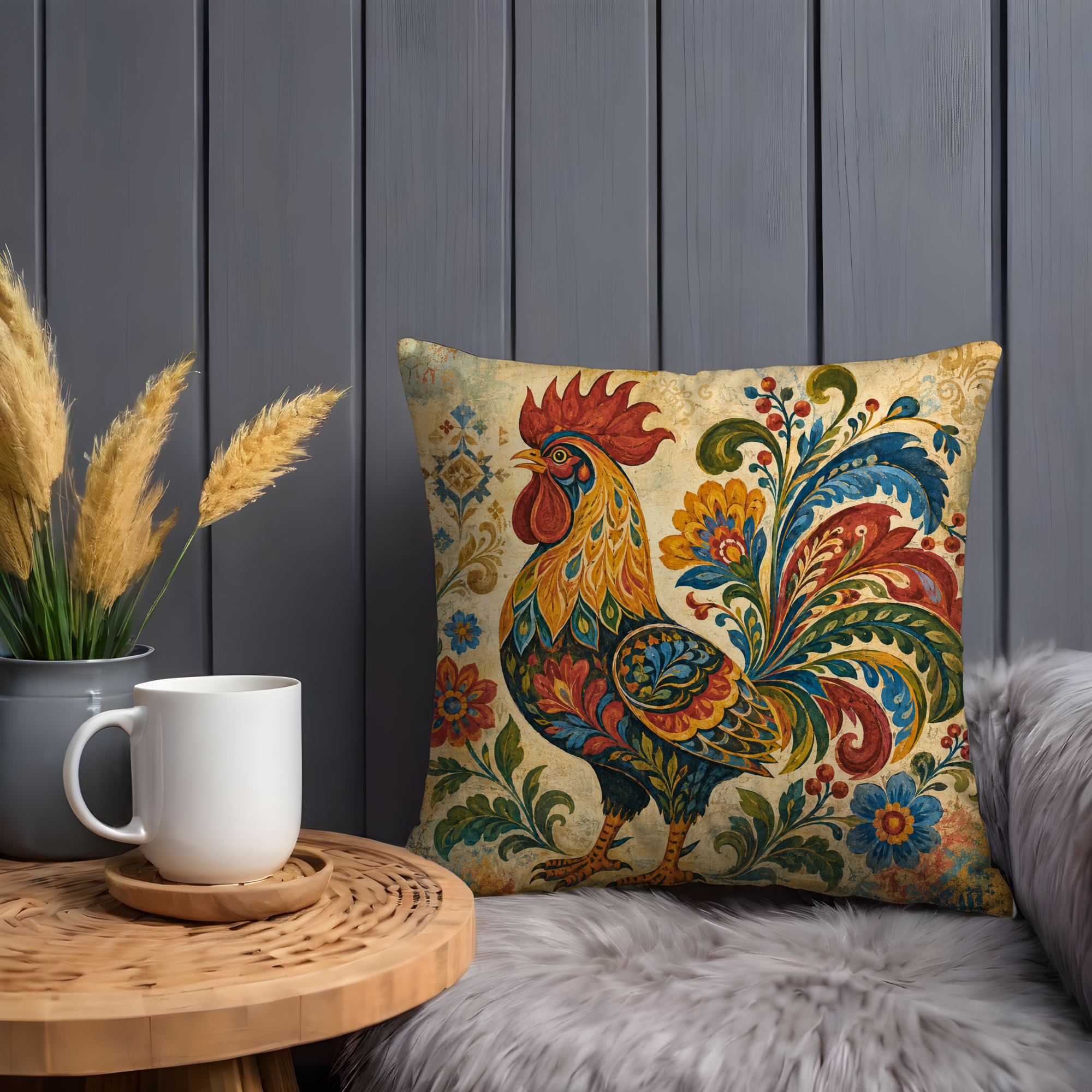 Folk Rooster Ornate Feathers Pillow Cover | Traditional Folk Art | Cozy Farmhouse Decor
