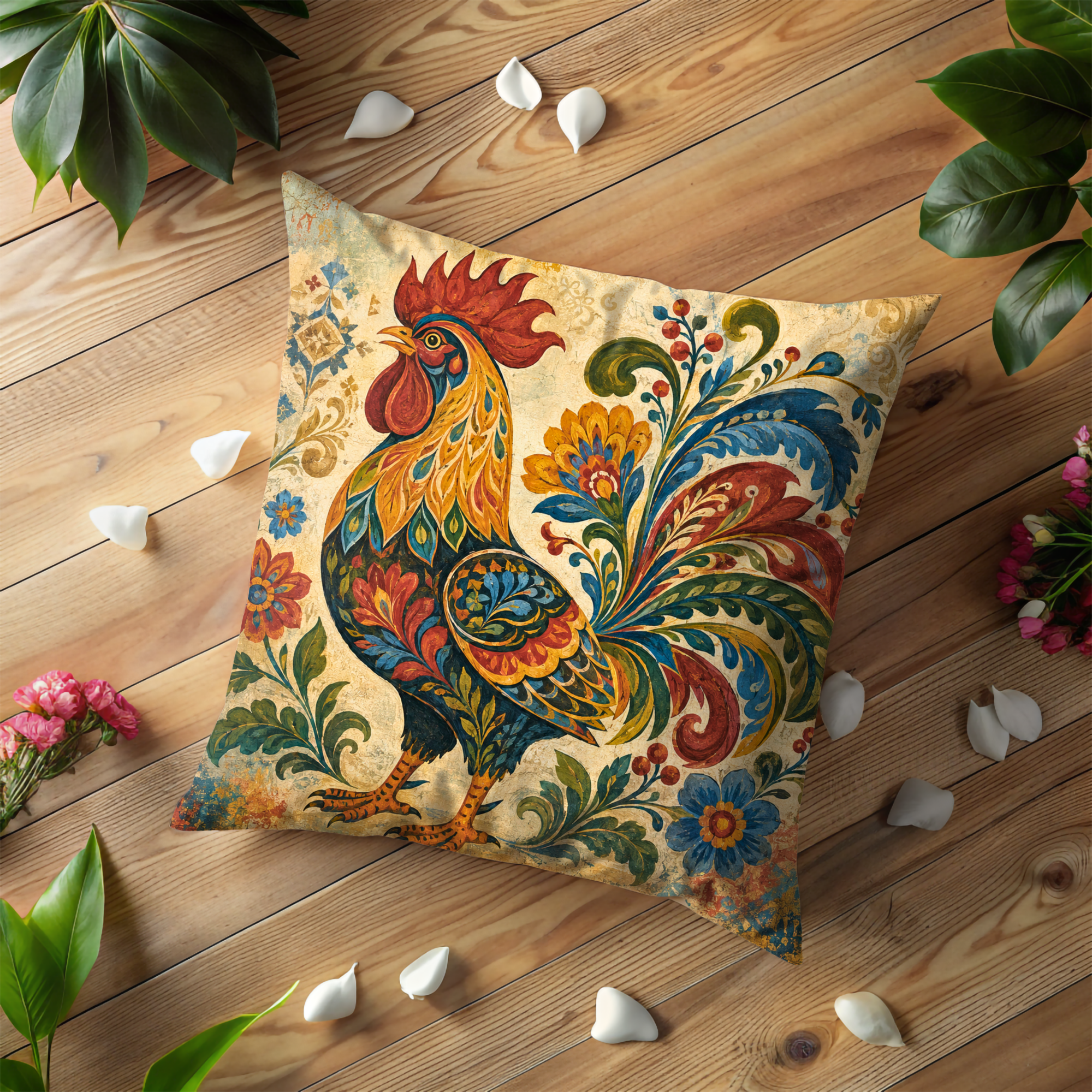 Folk Rooster Ornate Feathers Pillow Cover | Traditional Folk Art | Cozy Farmhouse Decor
