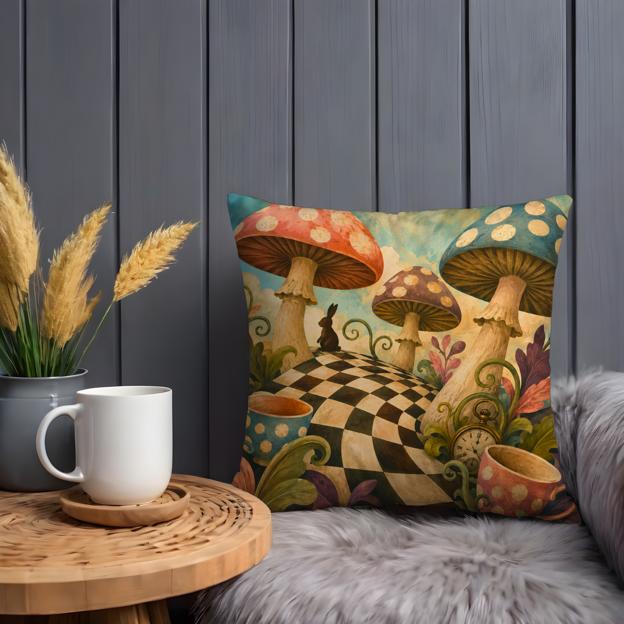Wonderland Mushrooms Rabbit Pillow Cover | Alice Fantasy Art | Whimsical Tea Party Decor