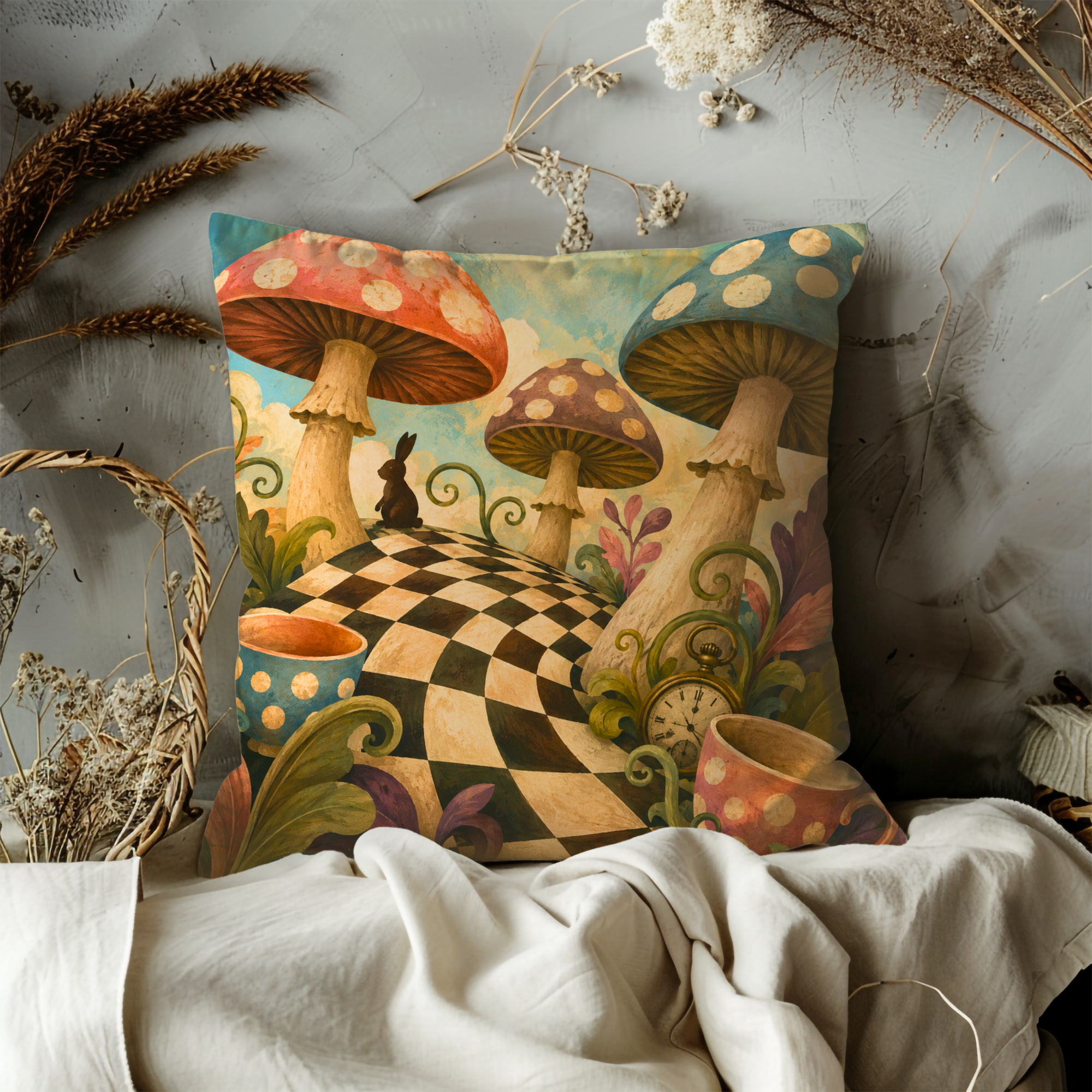 Wonderland Mushrooms Rabbit Pillow Cover | Alice Fantasy Art | Whimsical Tea Party Decor