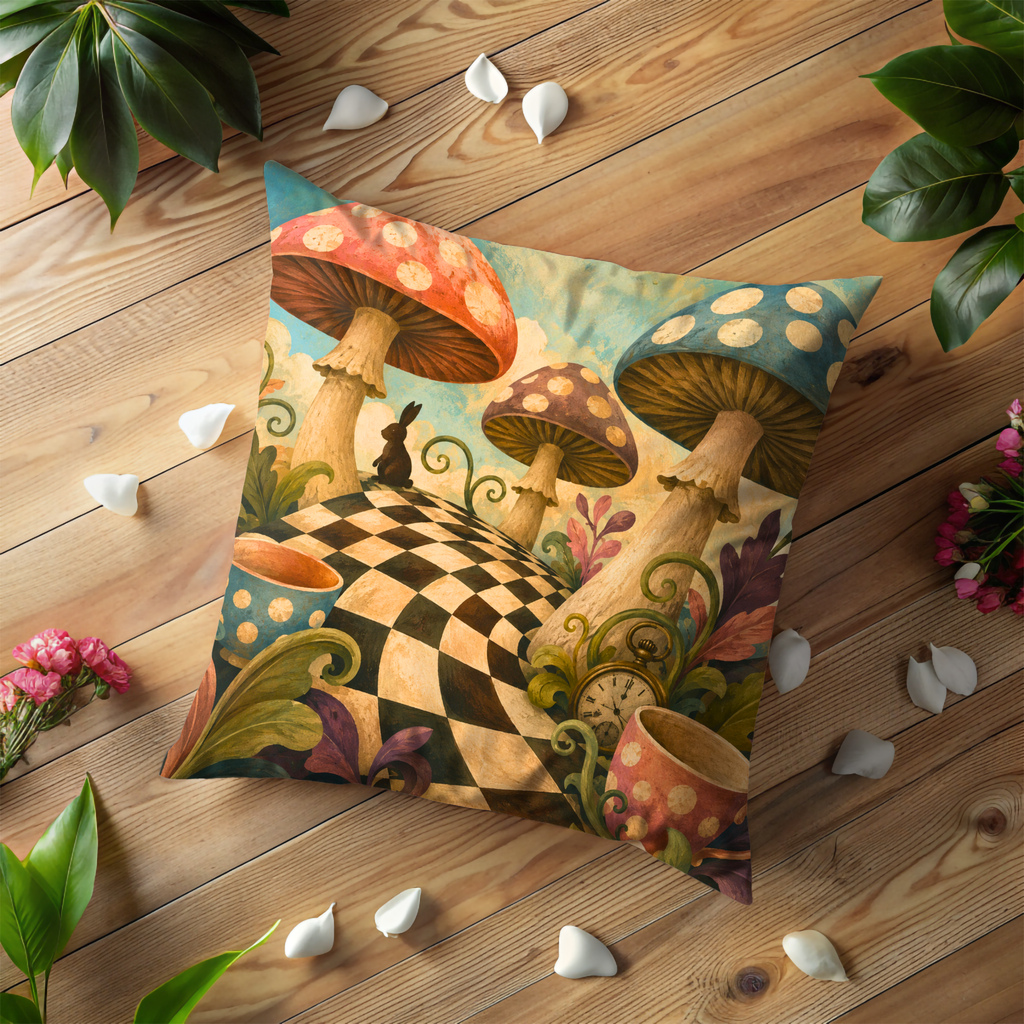 Wonderland Mushrooms Rabbit Pillow Cover | Alice Fantasy Art | Whimsical Tea Party Decor