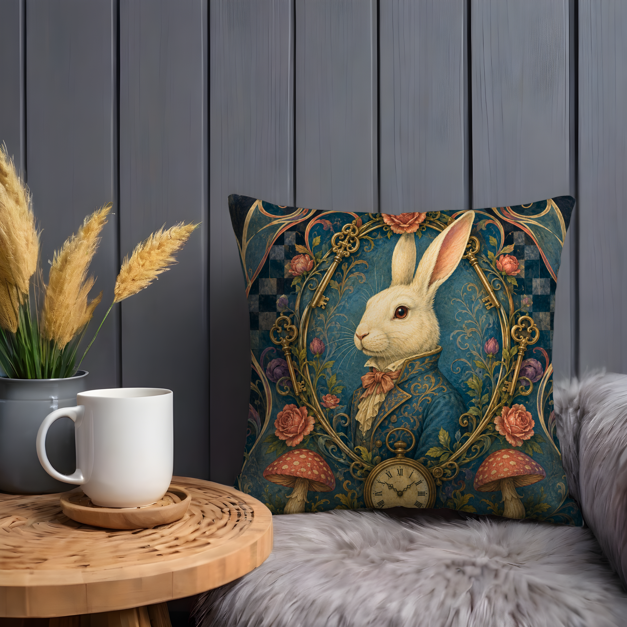 White Rabbit Portrait Keys Pillow Cover | Alice Wonderland Art | Elegant Fantasy Decor