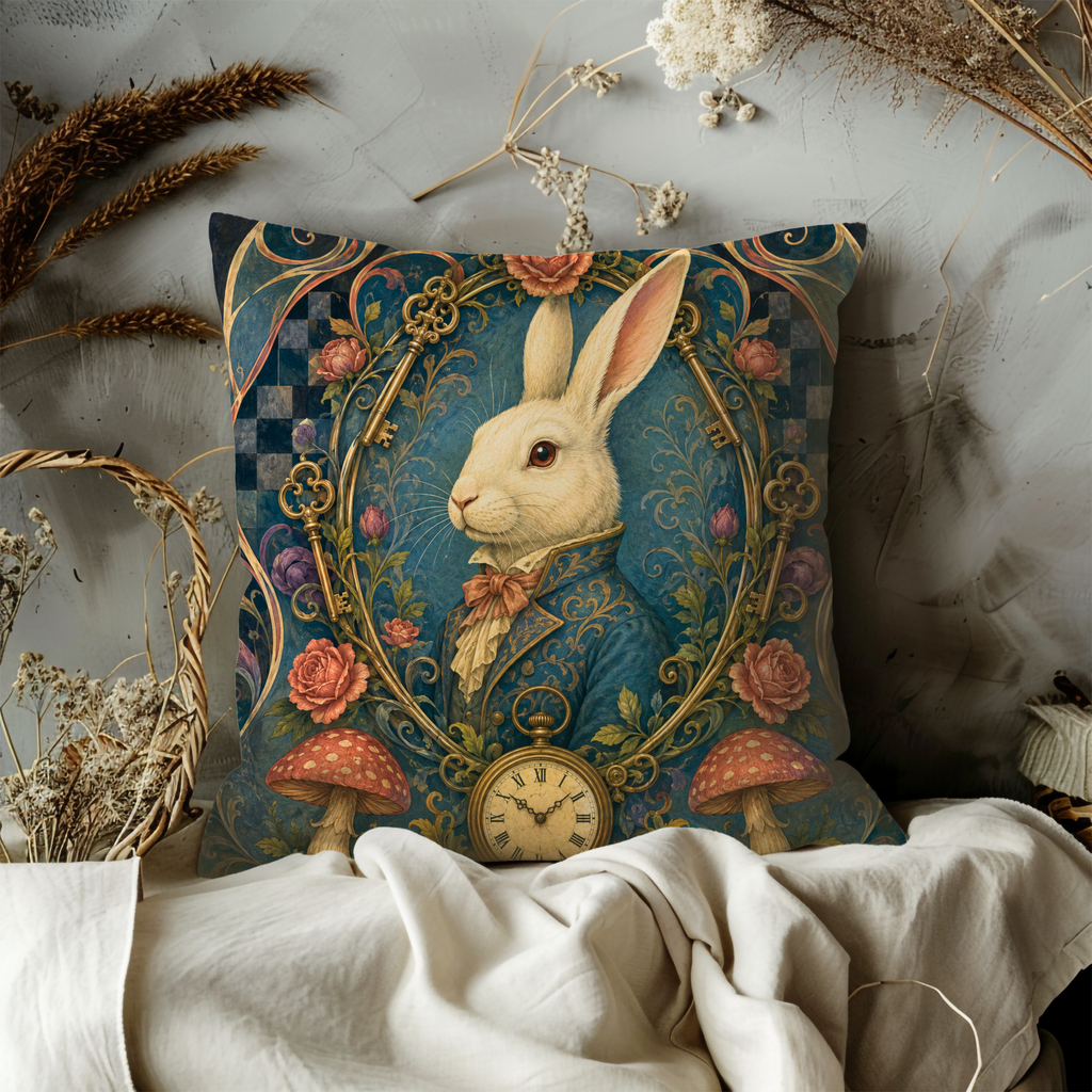 White Rabbit Portrait Keys Pillow Cover | Alice Wonderland Art | Elegant Fantasy Decor