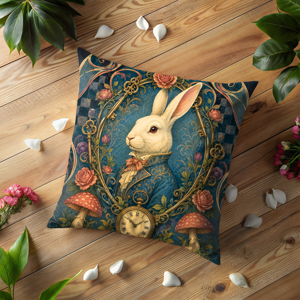 White Rabbit Portrait Keys Pillow Cover | Alice Wonderland Art | Elegant Fantasy Decor