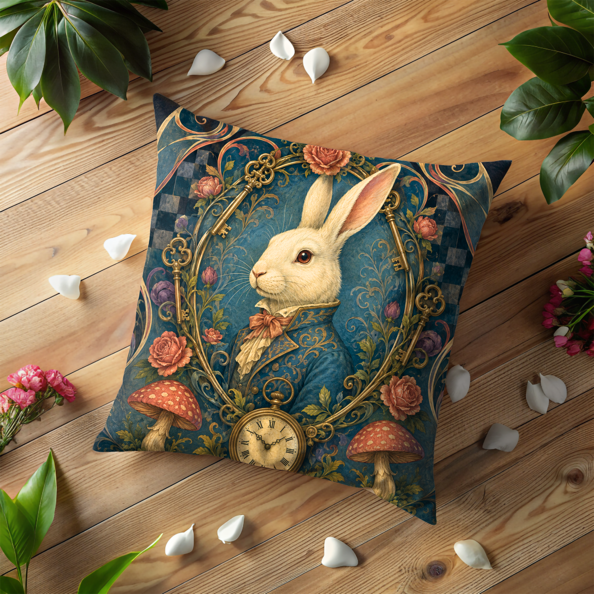 White Rabbit Portrait Keys Pillow Cover | Alice Wonderland Art | Elegant Fantasy Decor
