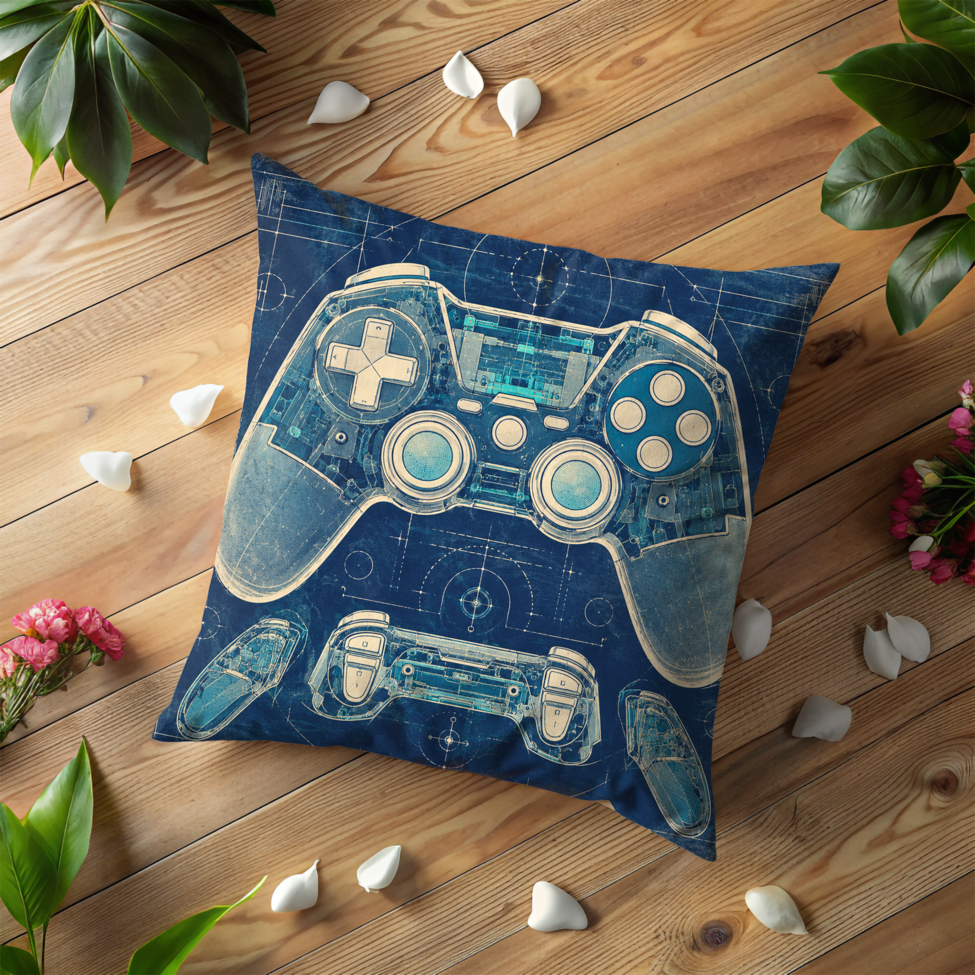 Game Controller Blueprint Pillow Cover | Technical Gamer Art | Modern Geek Decor