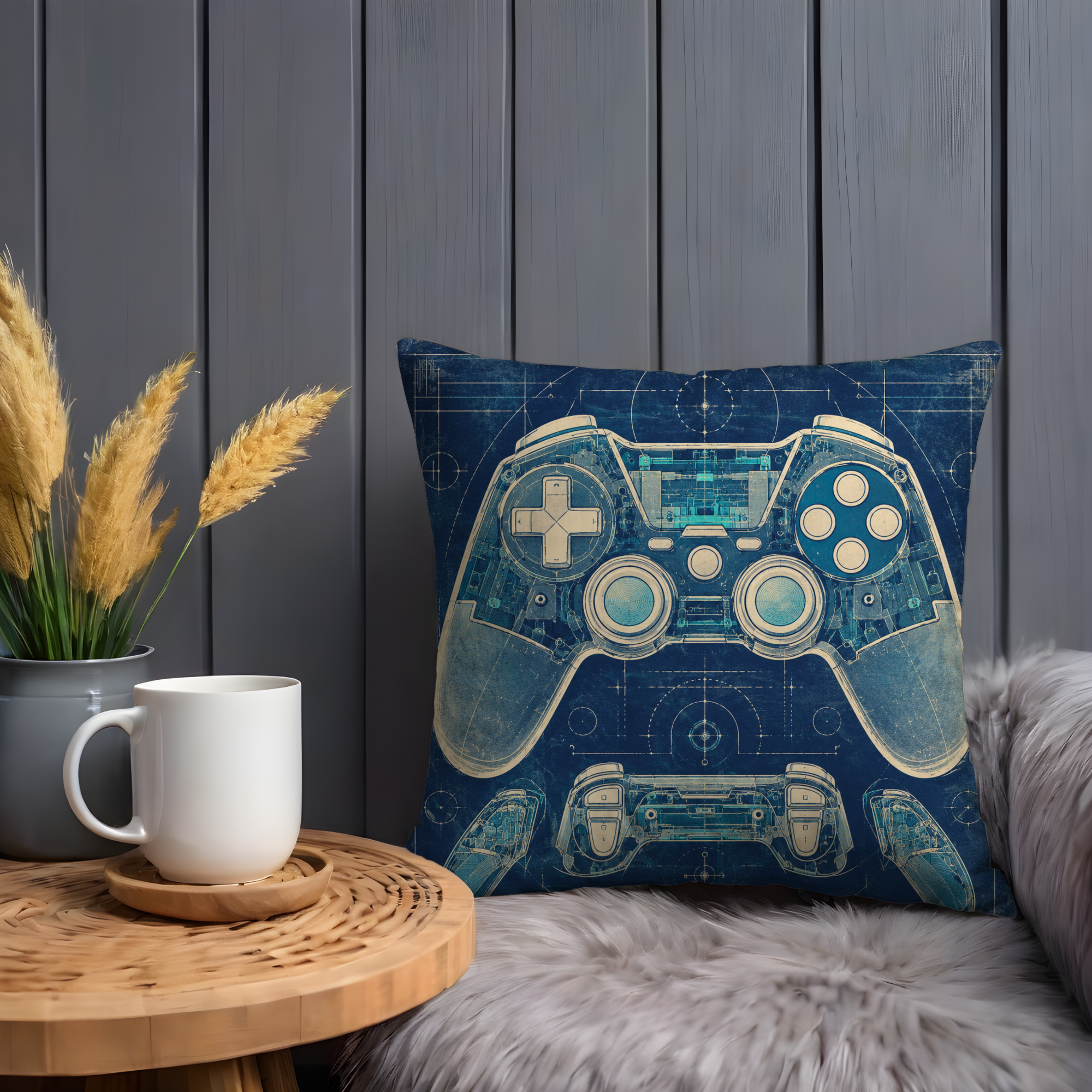 Game Controller Blueprint Pillow Cover | Technical Gamer Art | Modern Geek Decor