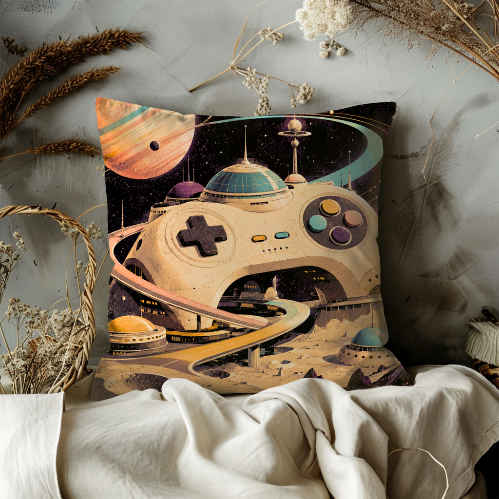 Game Controller Space City Pillow Cover | Retro Sci-Fi Art | Cosmic Geek Decor