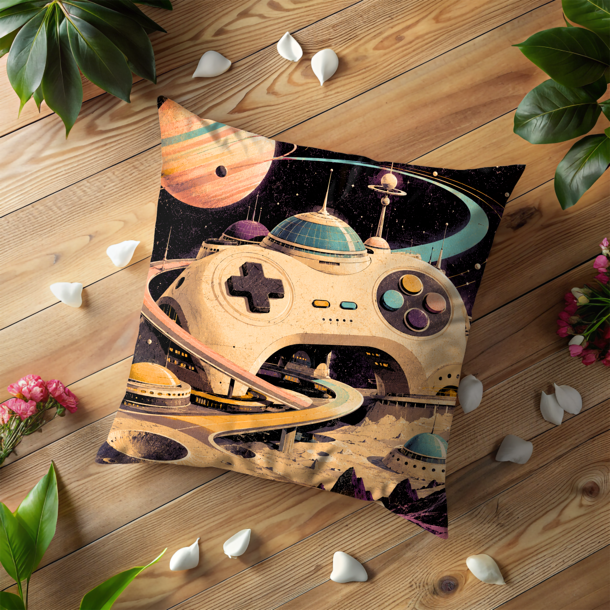 Game Controller Space City Pillow Cover | Retro Sci-Fi Art | Cosmic Geek Decor