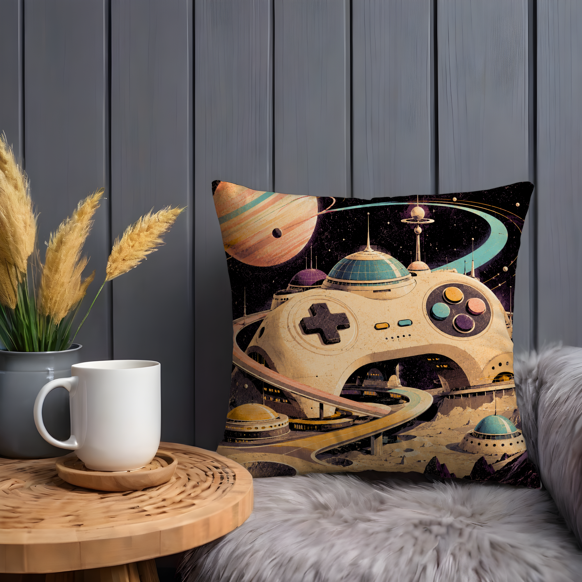 Game Controller Space City Pillow Cover | Retro Sci-Fi Art | Cosmic Geek Decor