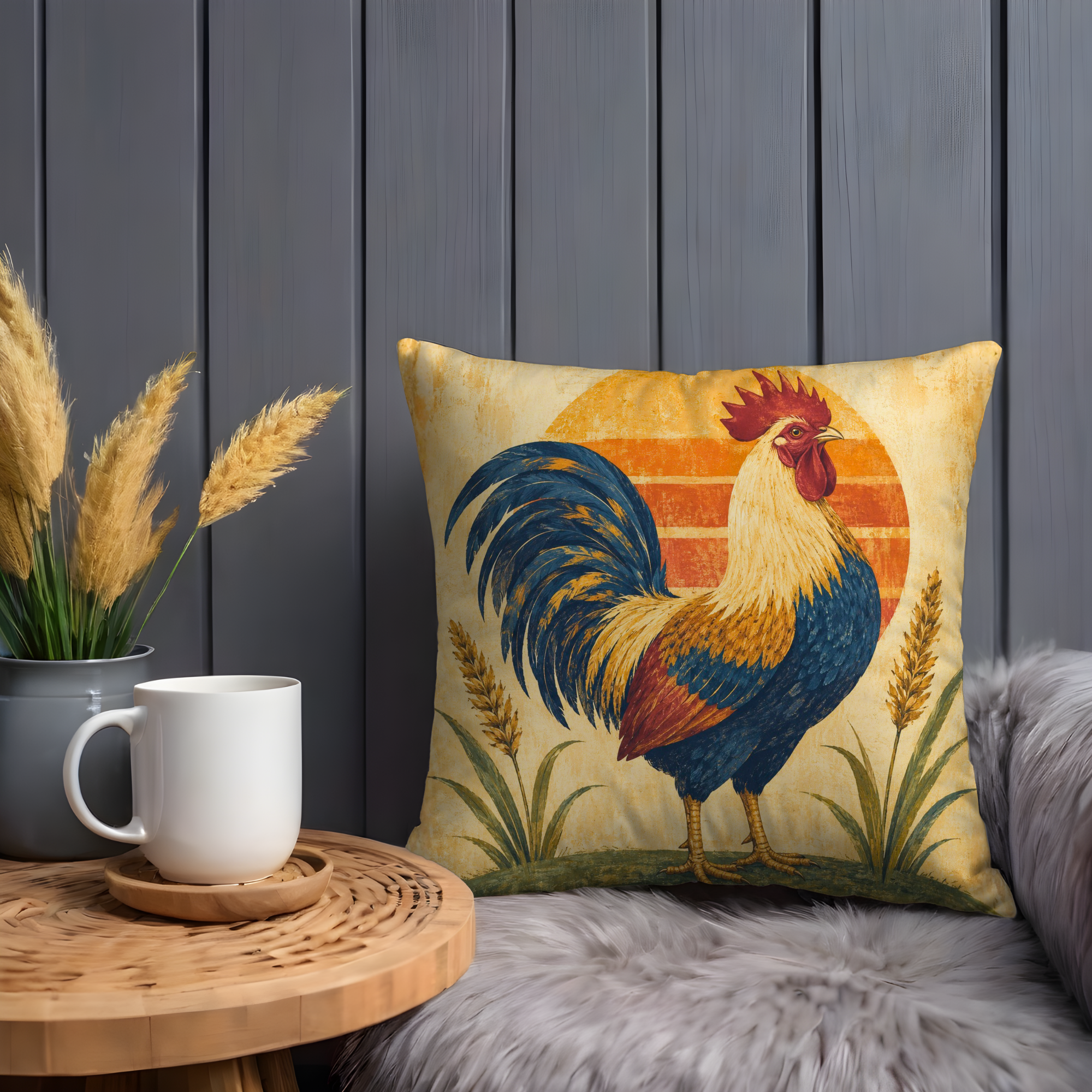 Rooster Golden Sun Pillow Cover | Classic Farmhouse Art | Bold Country Decor