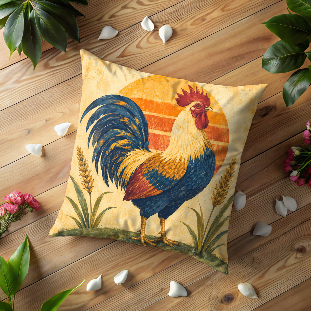 Rooster Golden Sun Pillow Cover | Classic Farmhouse Art | Bold Country Decor