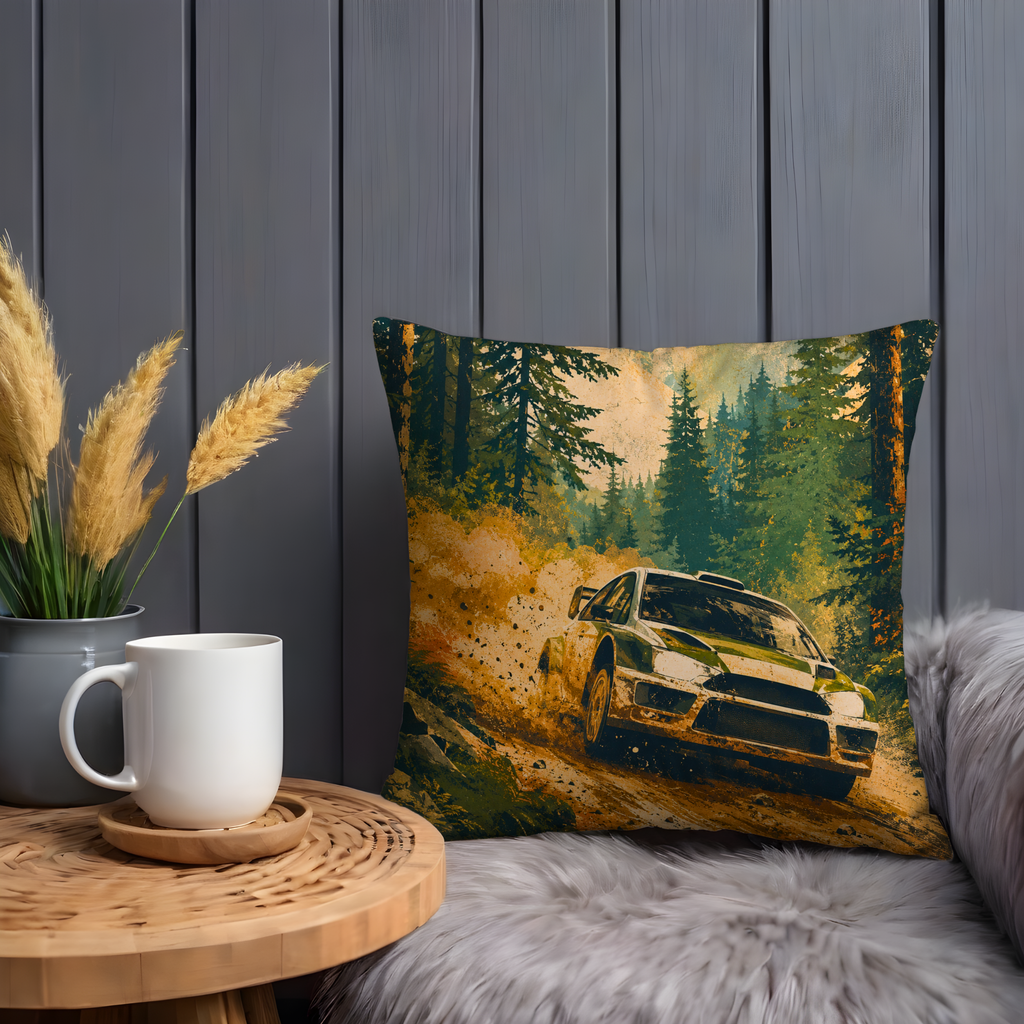 Rally Car Forest Dust Pillow Cover | Modern Motorsport Art | Adventure Racing Decor